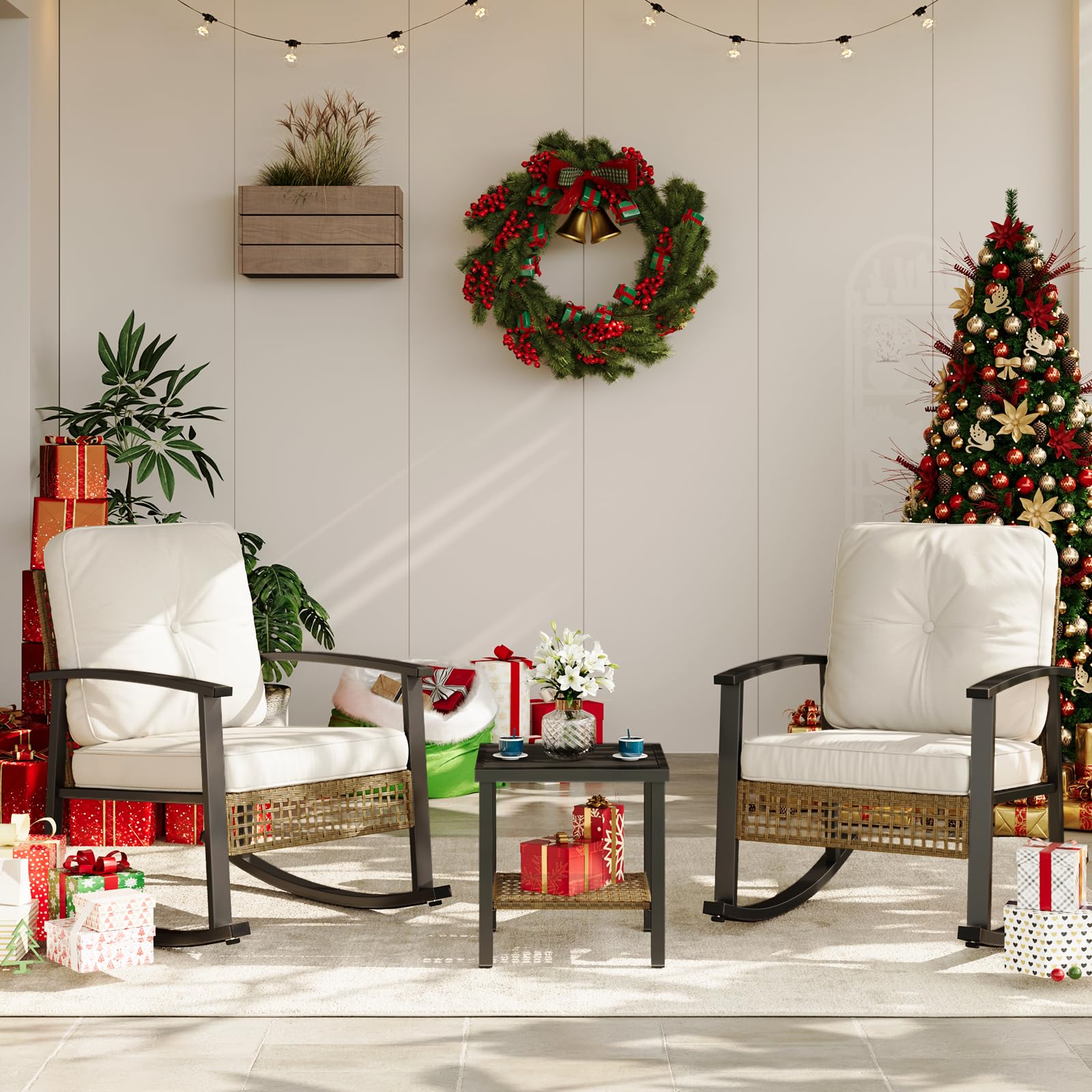 Aoxun 3-Piece Outdoor Rocking Bistro Set, Patio Furniture Set with Coffee Table and Thick Cushions, Wicker Rocking Chairs Set of 2 for Garden, Balcony, Backyard, Poolside (Beige)