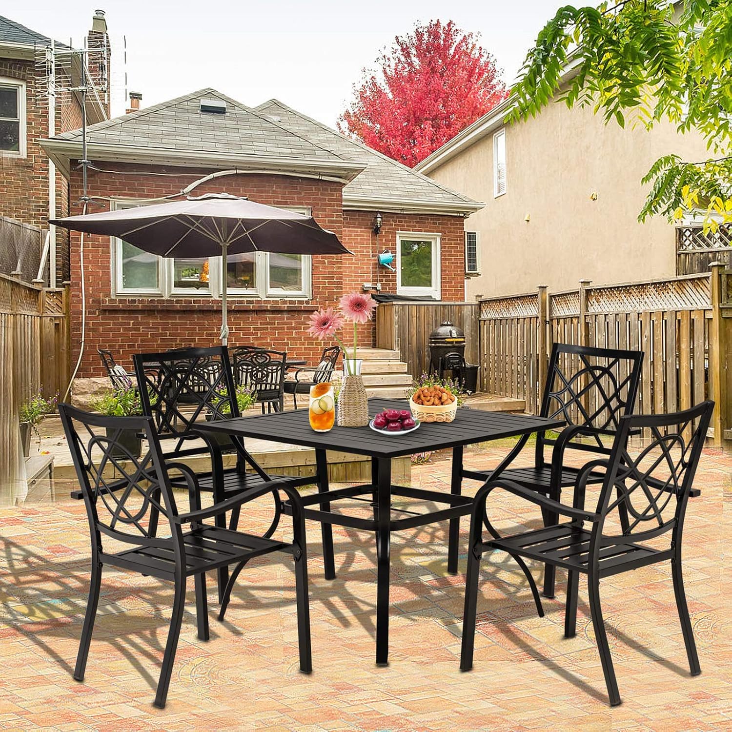 Crownland 5 Piece Patio Dining Set, 4 Stackable Metal Chairs and Square Outdoor Dining Table with 1.57" Umbrella Hole (Metal Tabletop)