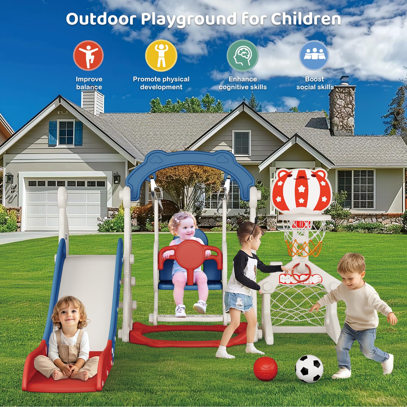 Slide per bambini ispessiti e allargati, scivolo per bambini piccoli indipendente con canestro da basket, attrezzatura per parco giochi con scivolo, scivoli all'aperto (blu rosso-6 in 1)