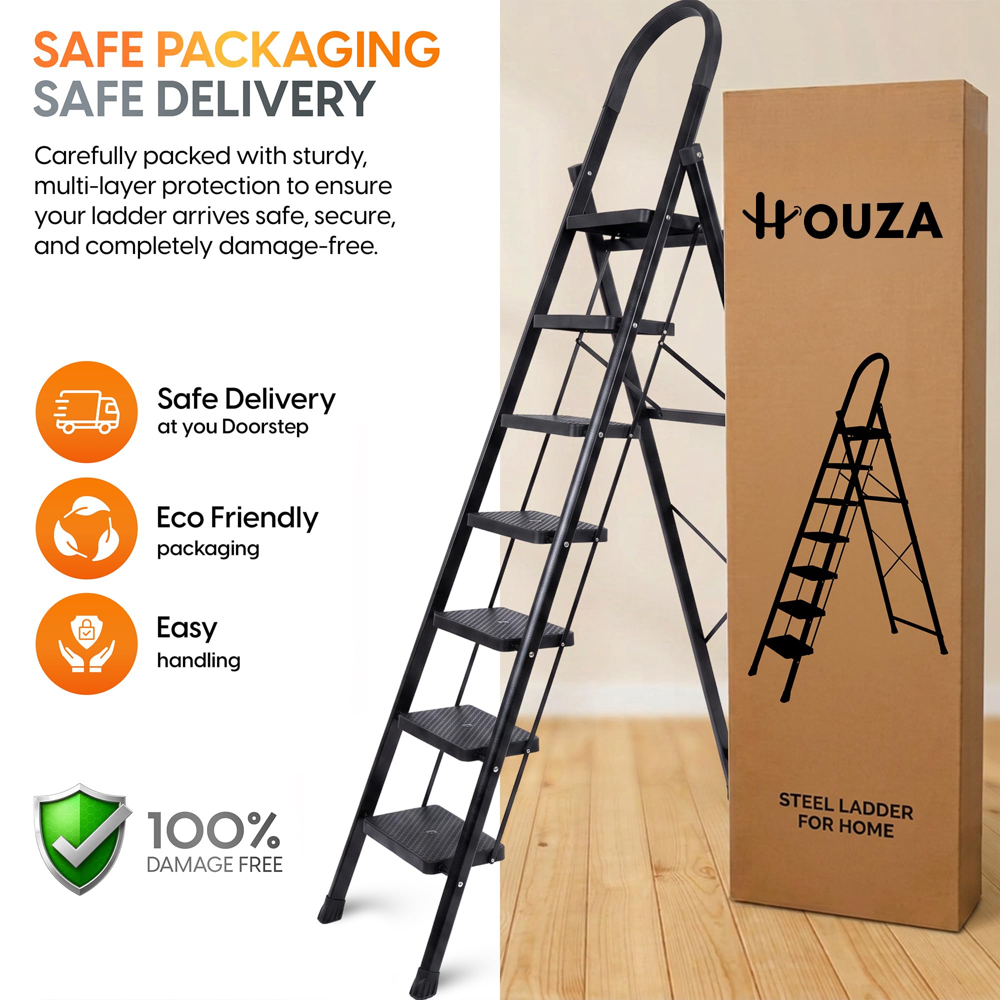HOUZA Steel Ladder for Home 7 Steps Foldable with Anti-Skid Wide Steps (30cm x 20cm) | 7 Step Ladder for Home Use with D-Shape Rods | Secure Lock | 150 Kg Capacity Folding Ladder | 5 Year Warranty — Amazon image 3