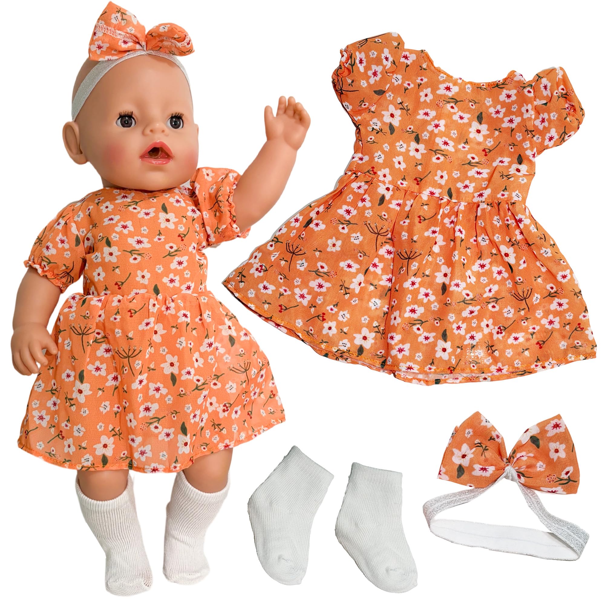 Doll Clothes for 14-17 inch Baby Dolls, 3 Pcs Colourful Baby Doll Clothes Floral Dress with Headband Socks 43 cm Baby Doll Outfits Doll accessories Children Birthday Gifts