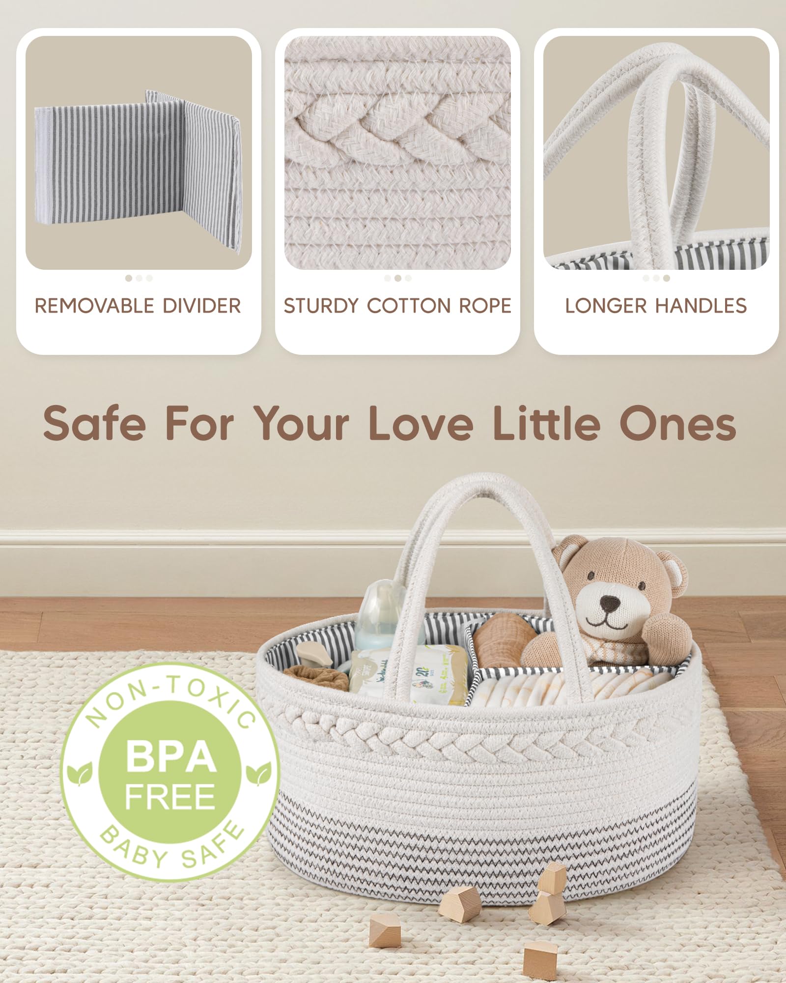 Maliton Nappy Caddy, Cotton Rope with Removable Dividers, White&wavy, Medium - Image 4