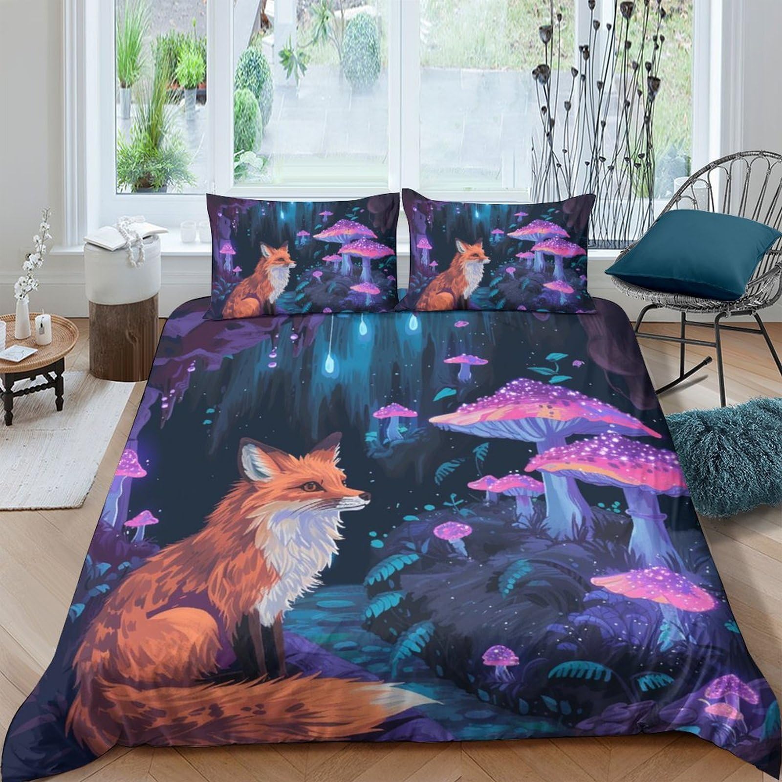 Ctjqhvkz Style-9 3D Printed Fox Forest Fitted Sheet Microfiber Soft Breathable Magical Mushroom Mattress Cover Bedroom Decor Single（135X200cm）