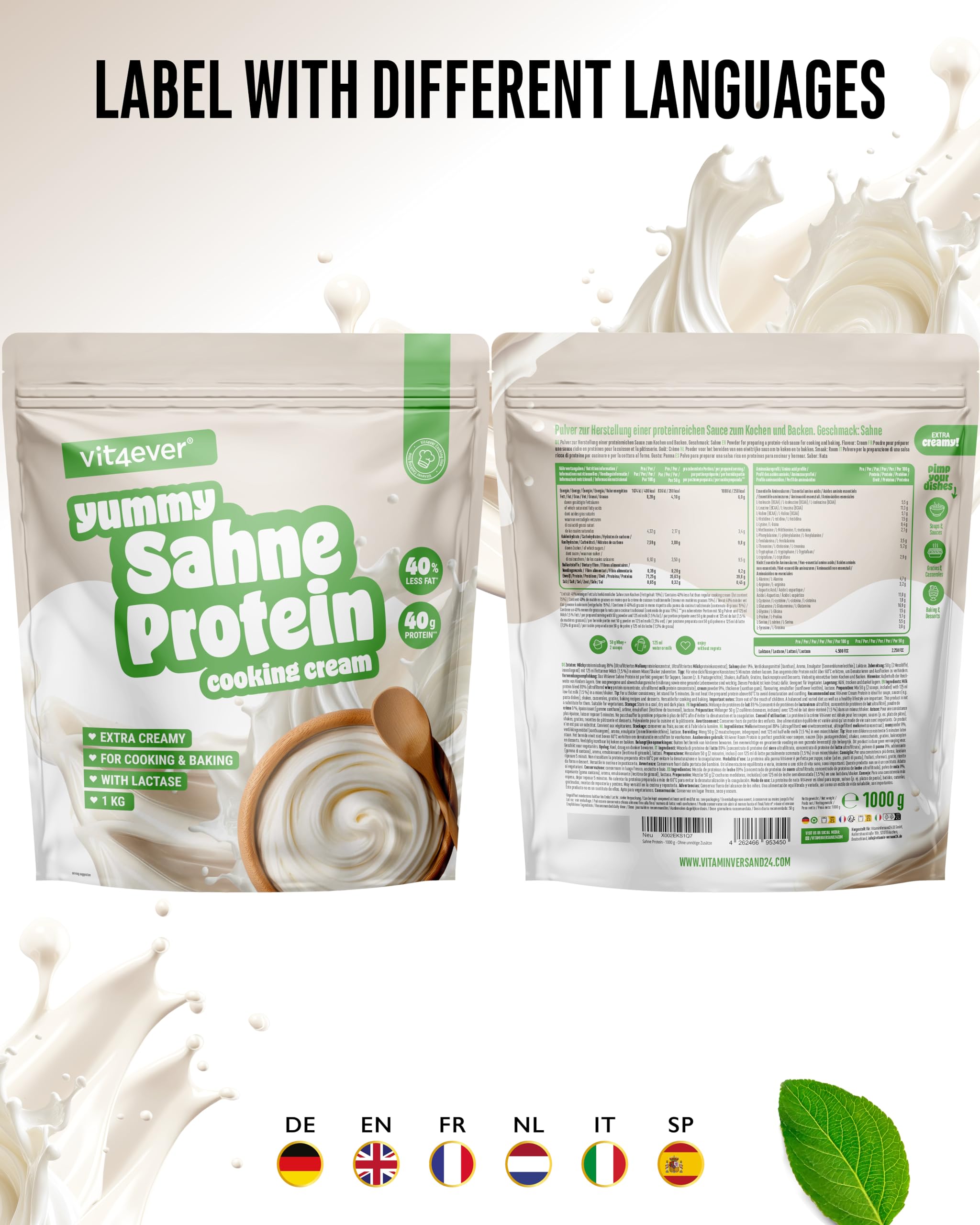 vit4ever Yummy Sahne Protein - 1000g - Proteinreiche Koch- & Backzutat
