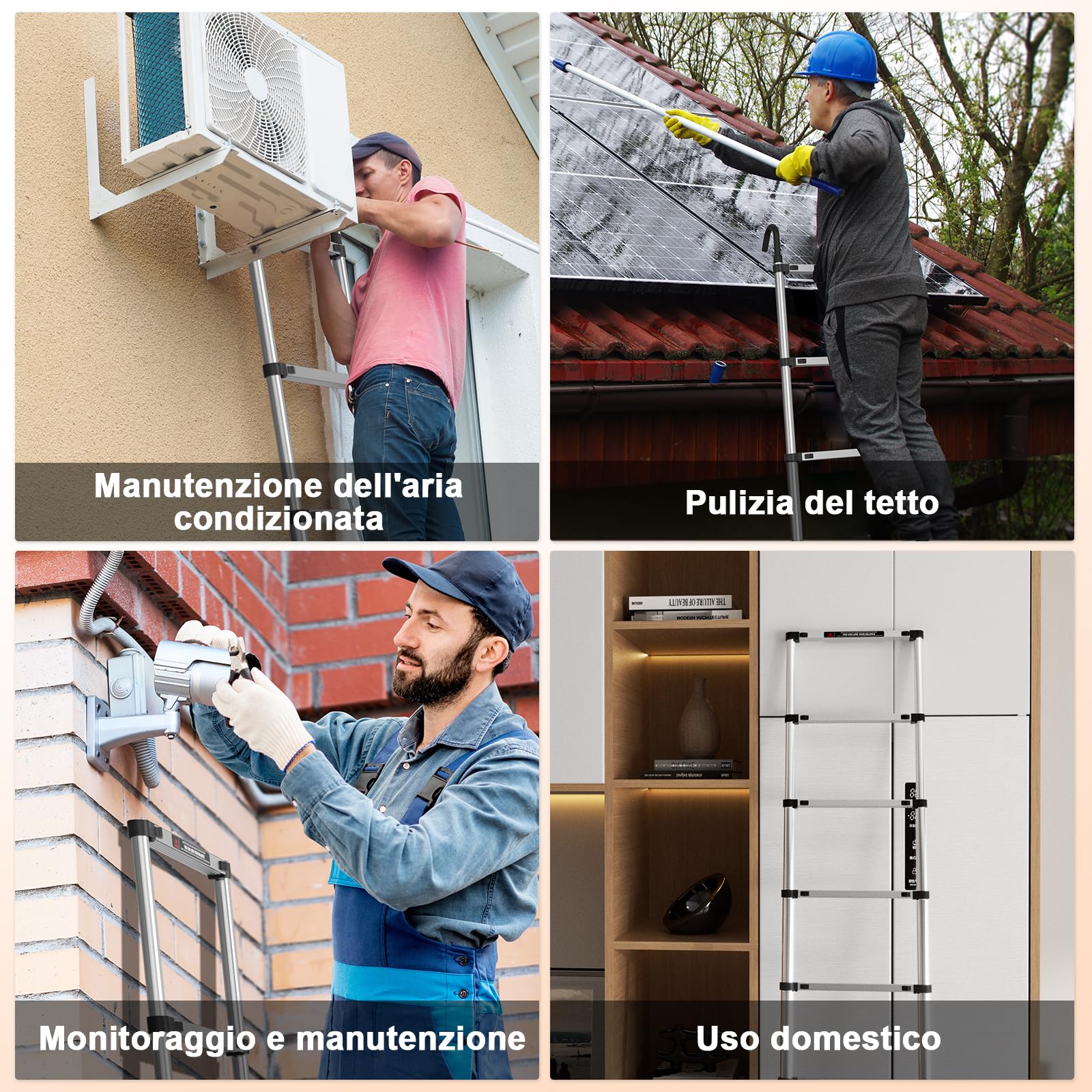 Scala Telescopica 5 Metri con Gancio, Scala Pieghevole Portatile con Piedini Antiscivolo, Estensibile & Altezza Regolabili, Scale Allungabile per Casa, Giardino, Coperture e Camper