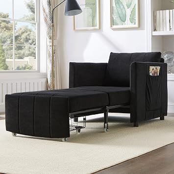 31.5" Pull Out Sofa Bed, Chenille Upholstered Convertible Sleeper Sofa with 5-Position Adjustable Backrest, Side Pockets and a Storage Basket, Fold Out Chair Lounger for Living Room Black-1 Seat