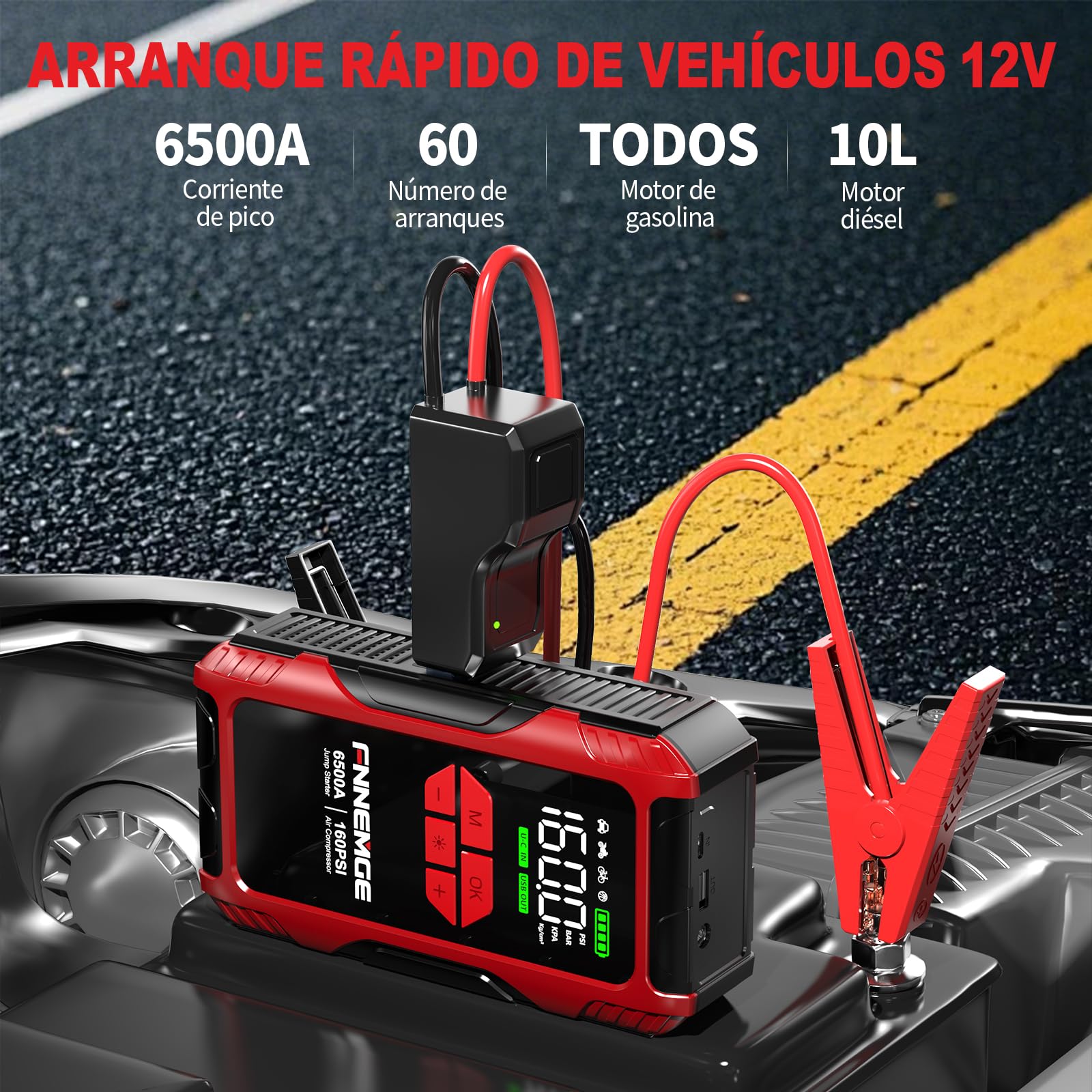 FNNEMGE Arrancador de Coches 6500A 26800mAh con 160PSI Compresor de Aire, Arrancador Batería Coche (para Todos los vehículos de Gasolina o de 10,0L de diésel), con Salida USB, 2 Luz LED, Pantalla HD.