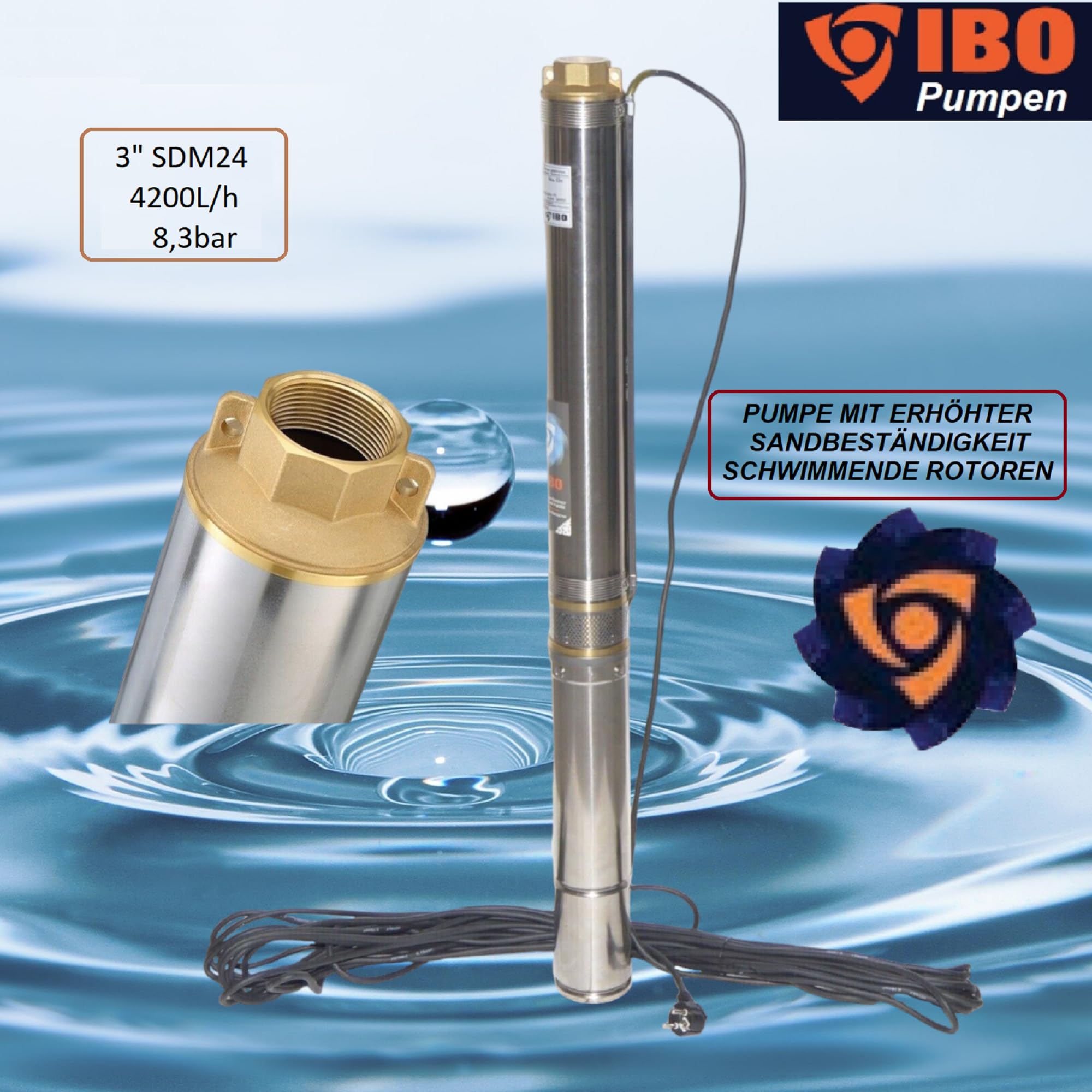 Hochwertige sandverträgliche IBO Tiefbrunnenpumpe Brunnenpumpe 3" 74 mm bis 4200l/h - 0,75kW -230V - 8 bar