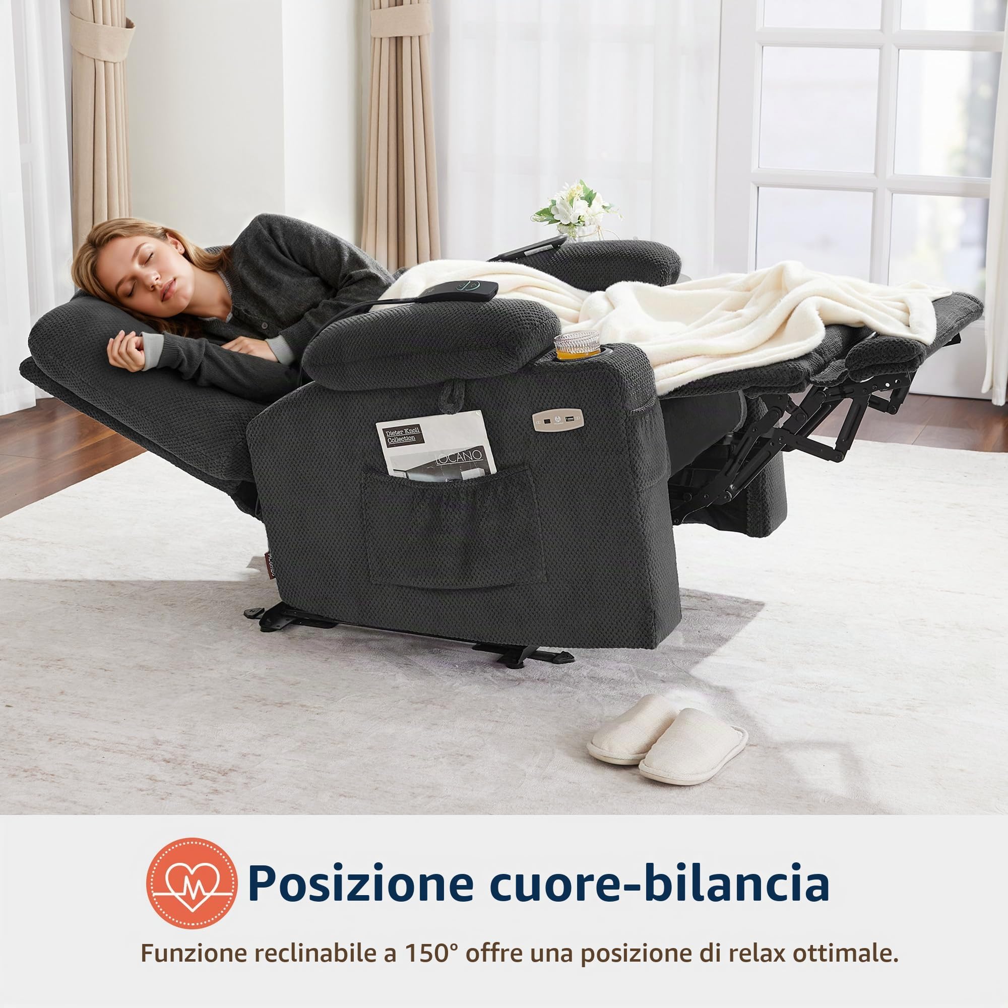 MCombo M Poltrona TV Regolabile elettricamente, poltrona reclinabile con funzione di reclinazione, poltrona TV con funzione Massaggio e Calore, USB e portabicchieri, Tessuto,7008 (grigio scuro)