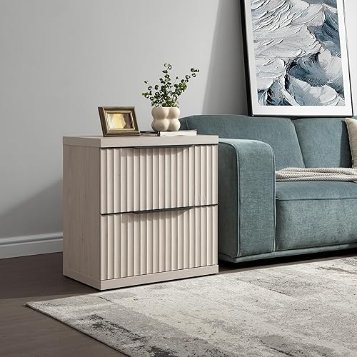 Miniatura 7 de SICOTAS Juego de 2 mesitas de noche acanaladas, moderna mesita de noche con 2 cajones grandes, mesita de noche de 22 pulgadas de ancho para Aliso
