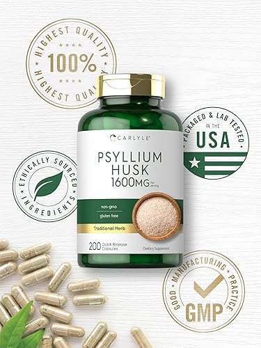 Miniatura 6 de Carlyle Cápsulas de cáscara de psyllium de 1600 mg | 200 unidades | Suplemento de fibra de alta potencia | Sin OMG, sin gluten