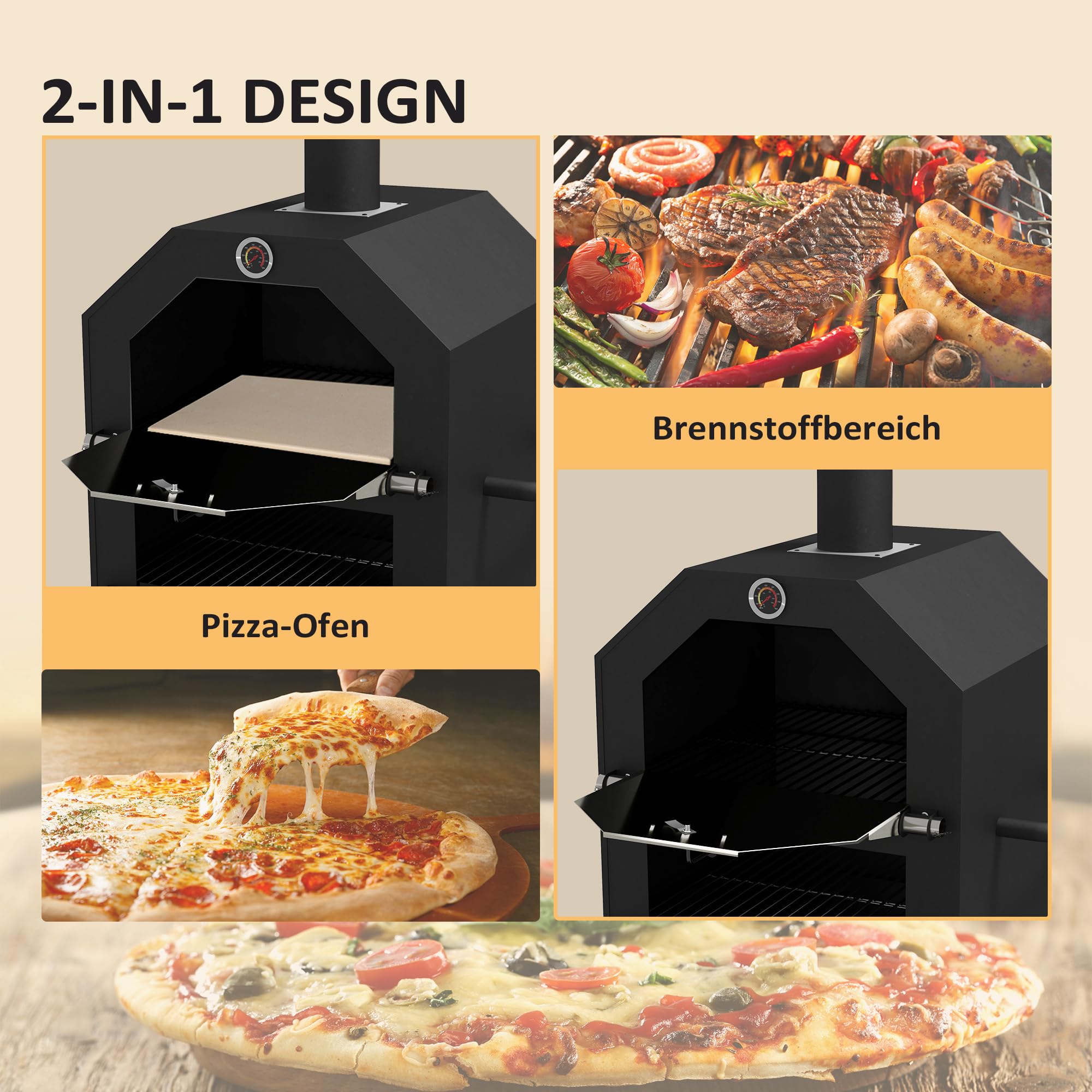 Outsunny Four à pizza 2 en 1 avec pierre à pizza, compartiment à cendres, 2 grilles de cuisson, four à bois avec roulettes, thermomètre, pour jardin, camping, noir