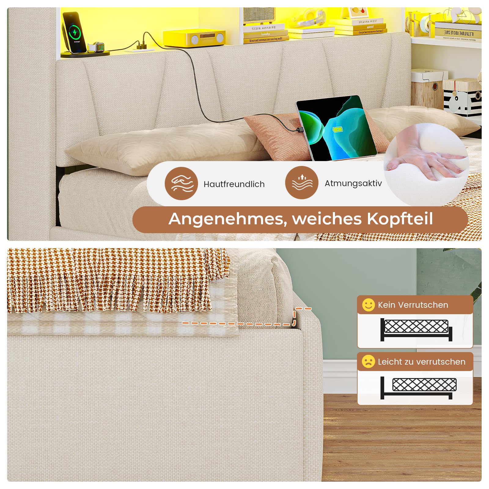 AOGLLATI Polsterbett Schlafsofa 140x200 mit Stauraum(Beige, 140x200cm)