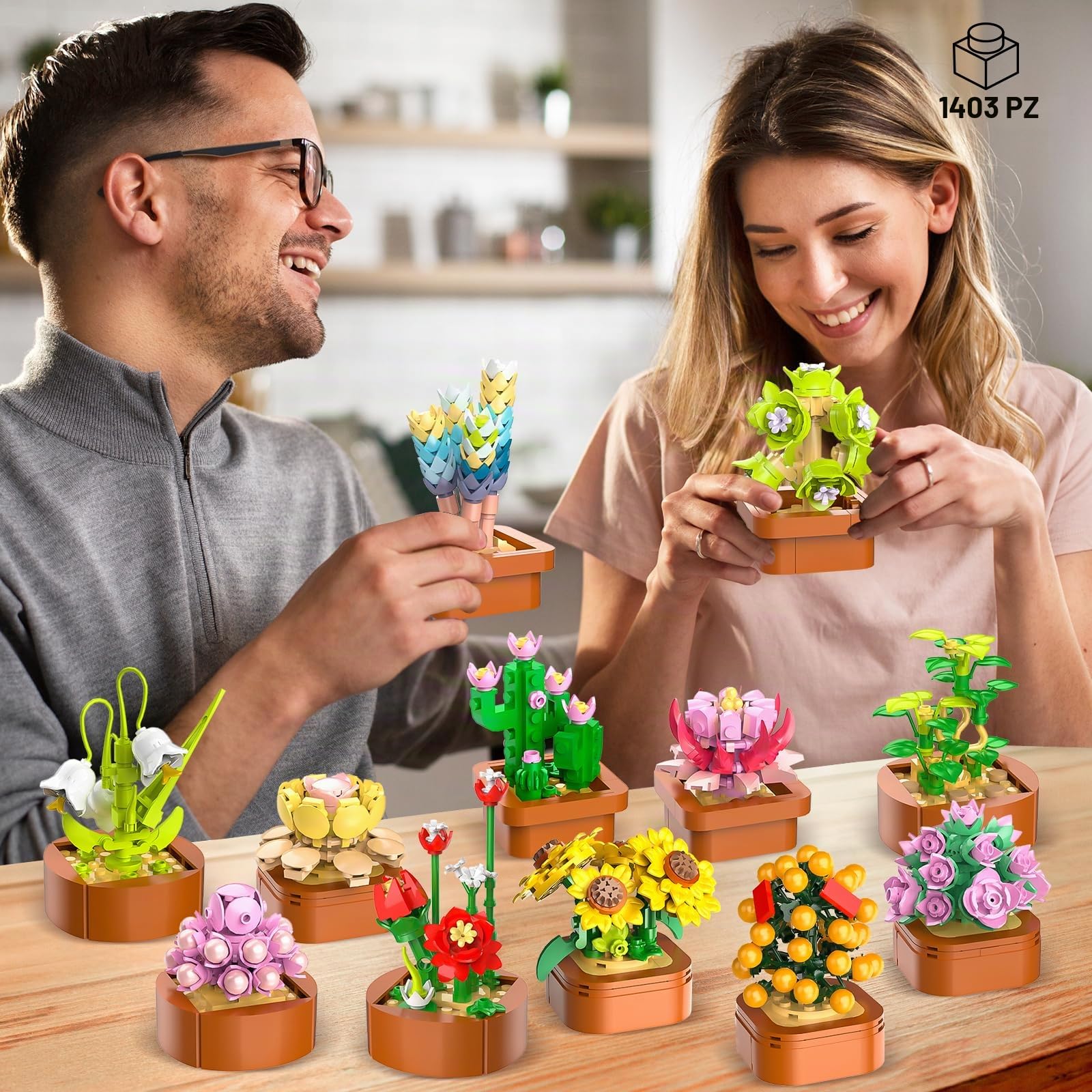 12 Pack Fiori Succulenti 3.6MM Mini Set Costruzione - 1403PCS Collezione Botanica Fiori per la Casa Decorazione Pianta Costruire Blocchi, Regali per Festa della Mamma Compleanno Adulti Bambini 10+
