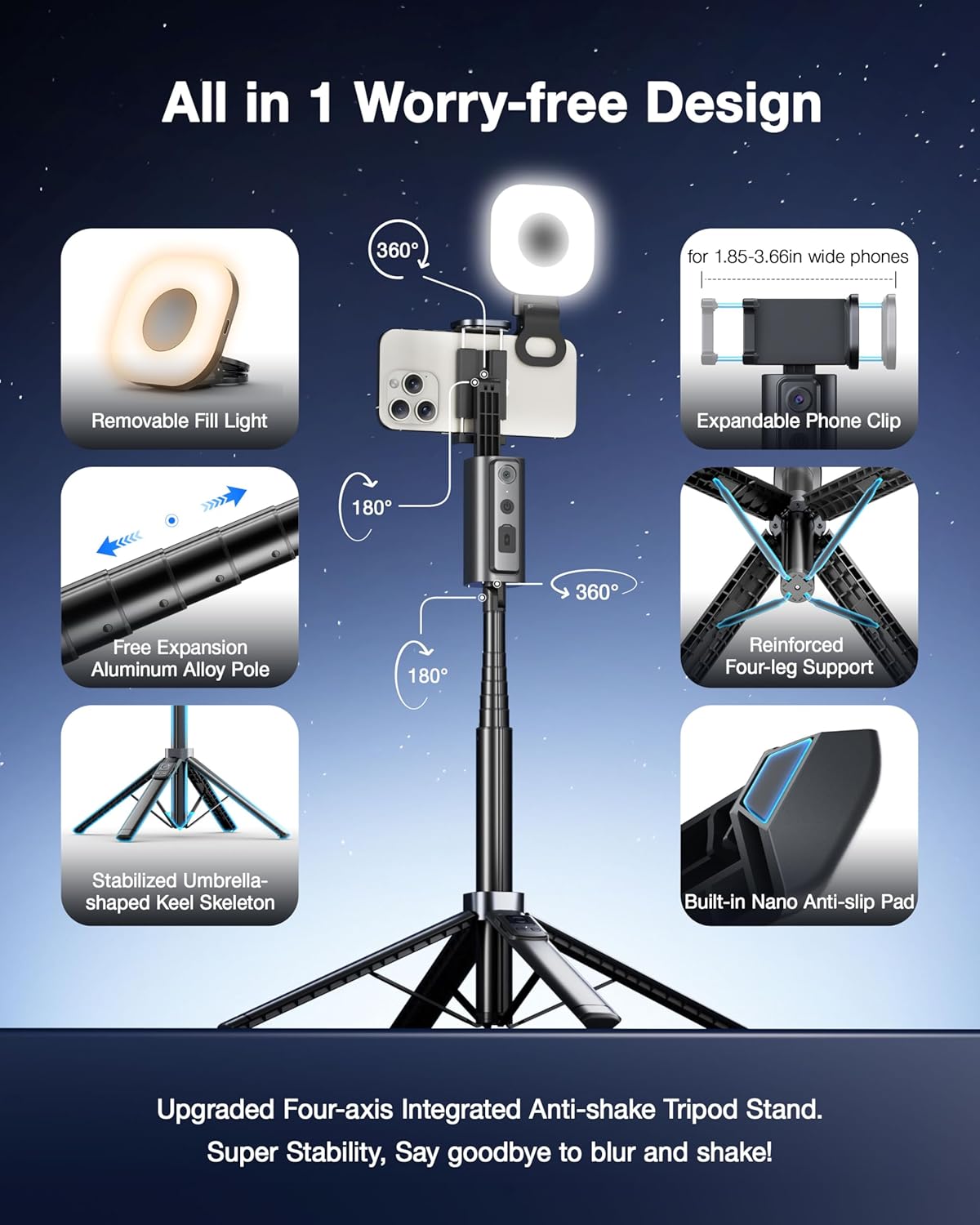 2026 Upgraded Auto Face Tracking Tripod 360 Rotation, 57" Gesture Control Phone Tripod Stand with Light & Remote, AI Tracking Selfie Stick Tripod for Live Stream/Vlog Recording, iPhone & Android