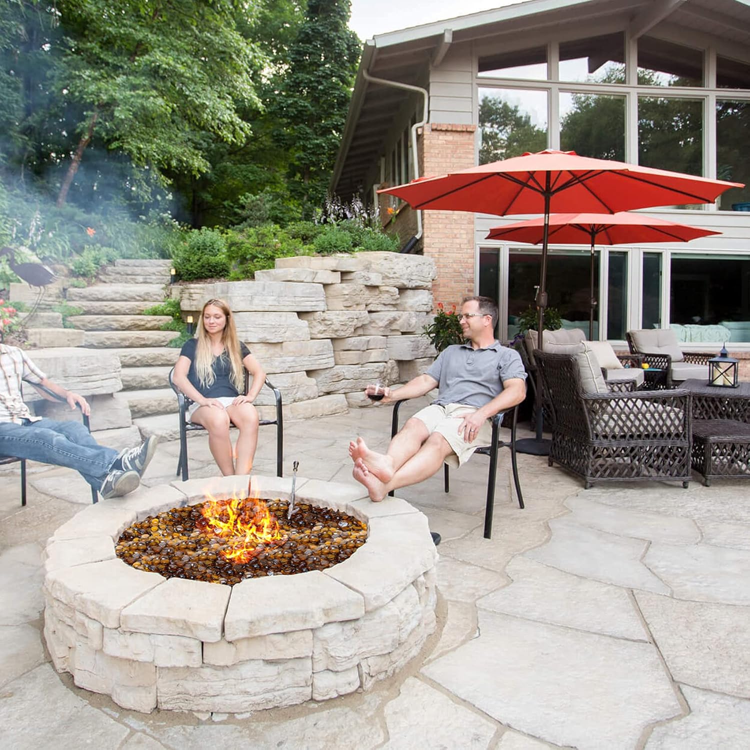 Skyflame 10-Pound Fire Glass Beads for Fire Pit Fireplace, 1/2-Inch Size Reflective Decorative Blended Fireglass Drops for Landscaping, Caribbean Blue and Caramel