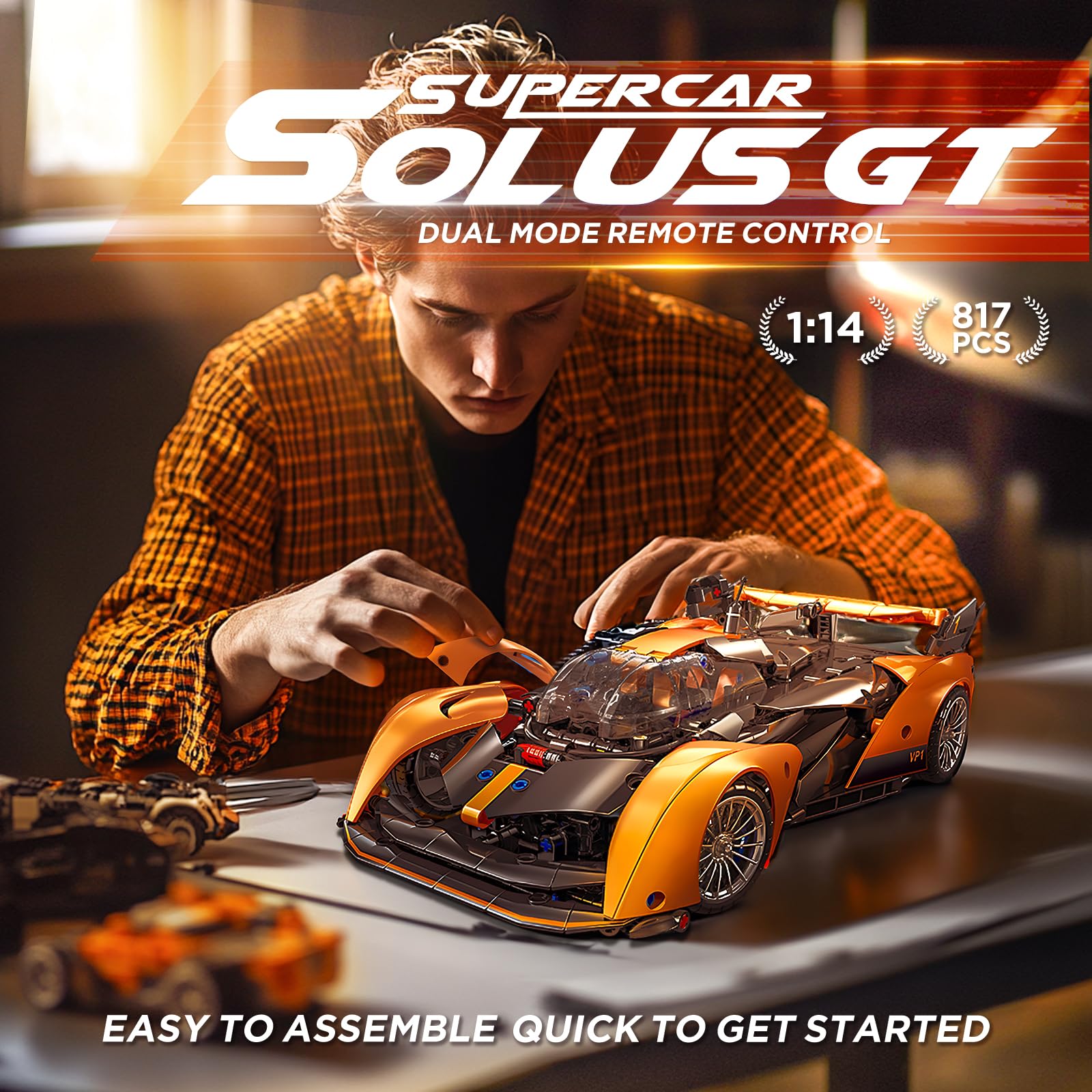 Auto de construcción a control remoto, juguete de construcción Solus GT 1:14, compatible con Technic Car, regalos coleccionables para niños de 10 a 16 años y adultos (817 piezas) 4