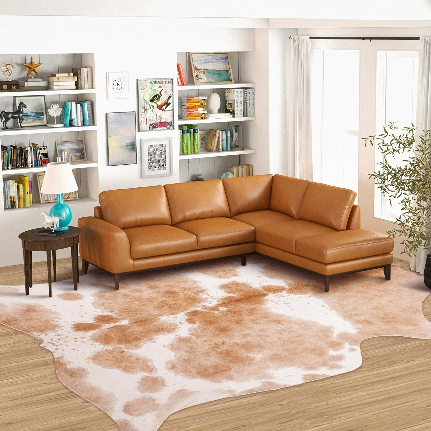 Cowhide Rug Cow Print Rug 5.2x6.2 Feet,Large Cow Hide Rugs for Living Room Bedroom Dining Room Home Office Brown Animal Print Carpet Western for Home Decor Tan Cowhide 5'2" x 6'2" (Oval)