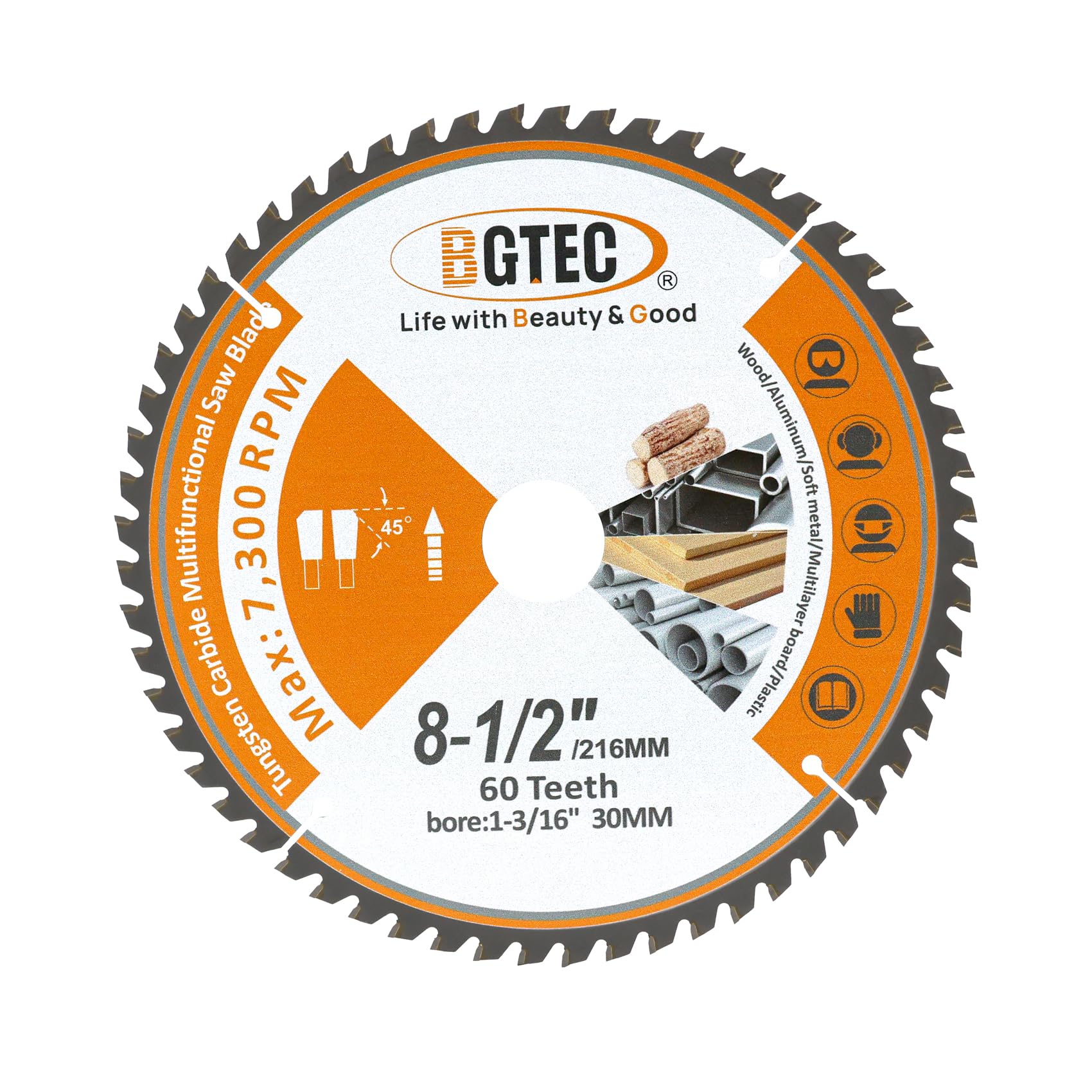 TCT Circular Saw Blade - 216mm x 30mm General Purpose Blade for Wood Aluminium Plastic Copper BGTEC, Silver