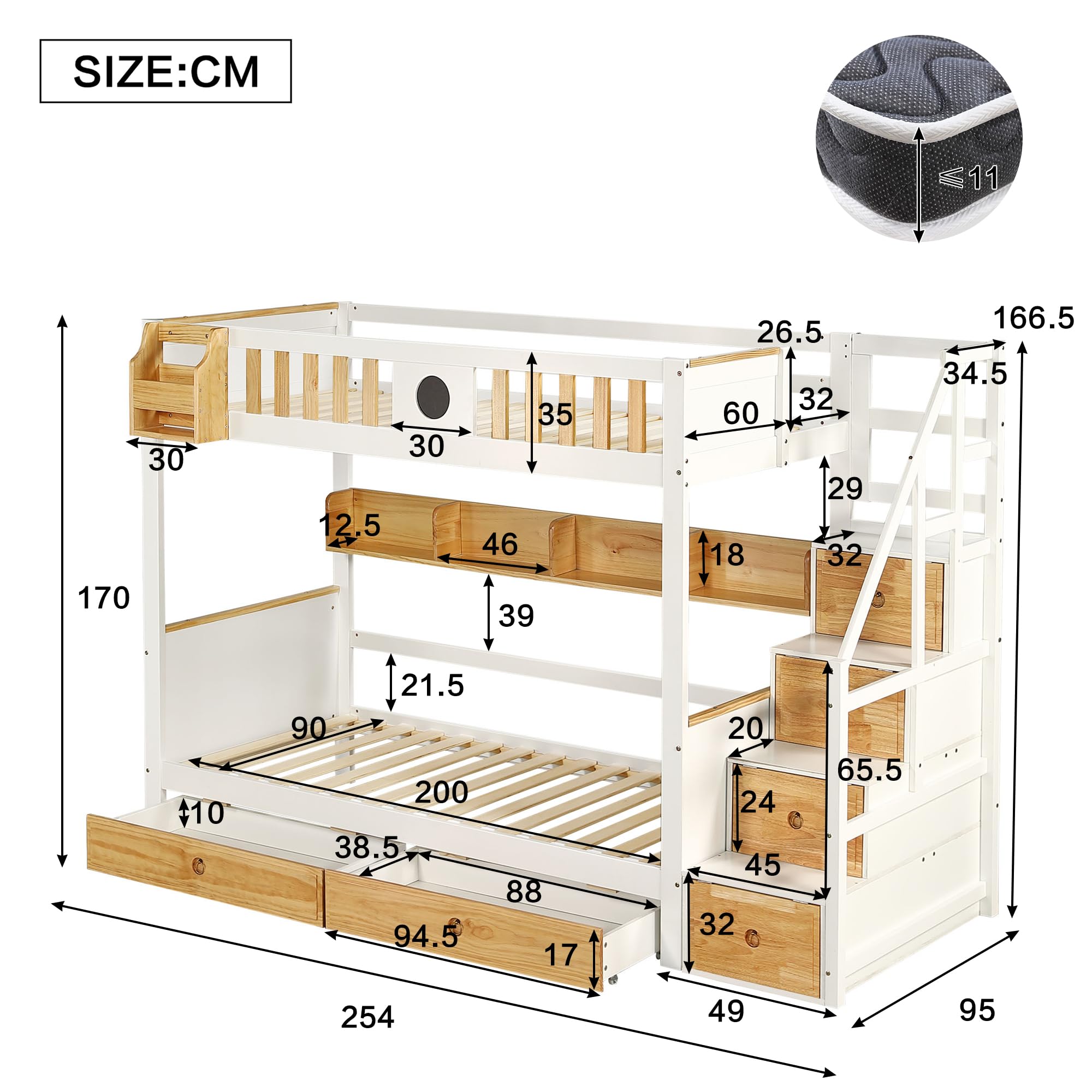 Litera Cama Infantil 90x200 con Escalera de Almacenamiento y 2 Cajones, Literas Cama Alta con Pizarra y Estantería, Camas con Protección Anticaídas y Somier, Sin Colchón, Blanco+Natural