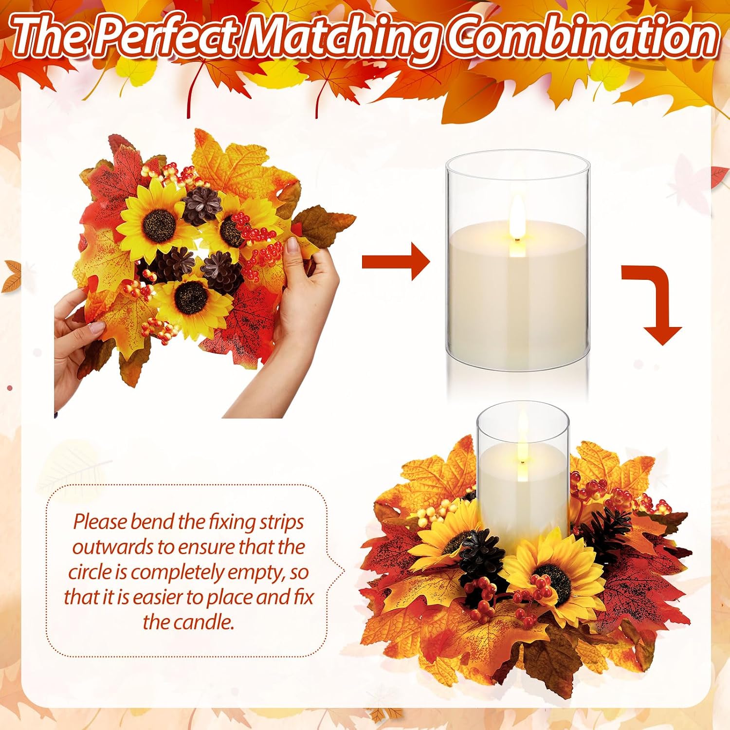 Yunlly 4 Pcs Fall Candle Rings Wreaths with Artificial Maple Leaves and Berries LED Flameless Candles, 11 Wide for Farmhouse Fall Thanksgiving Halloween Wedding Centerpiece Table Decorations