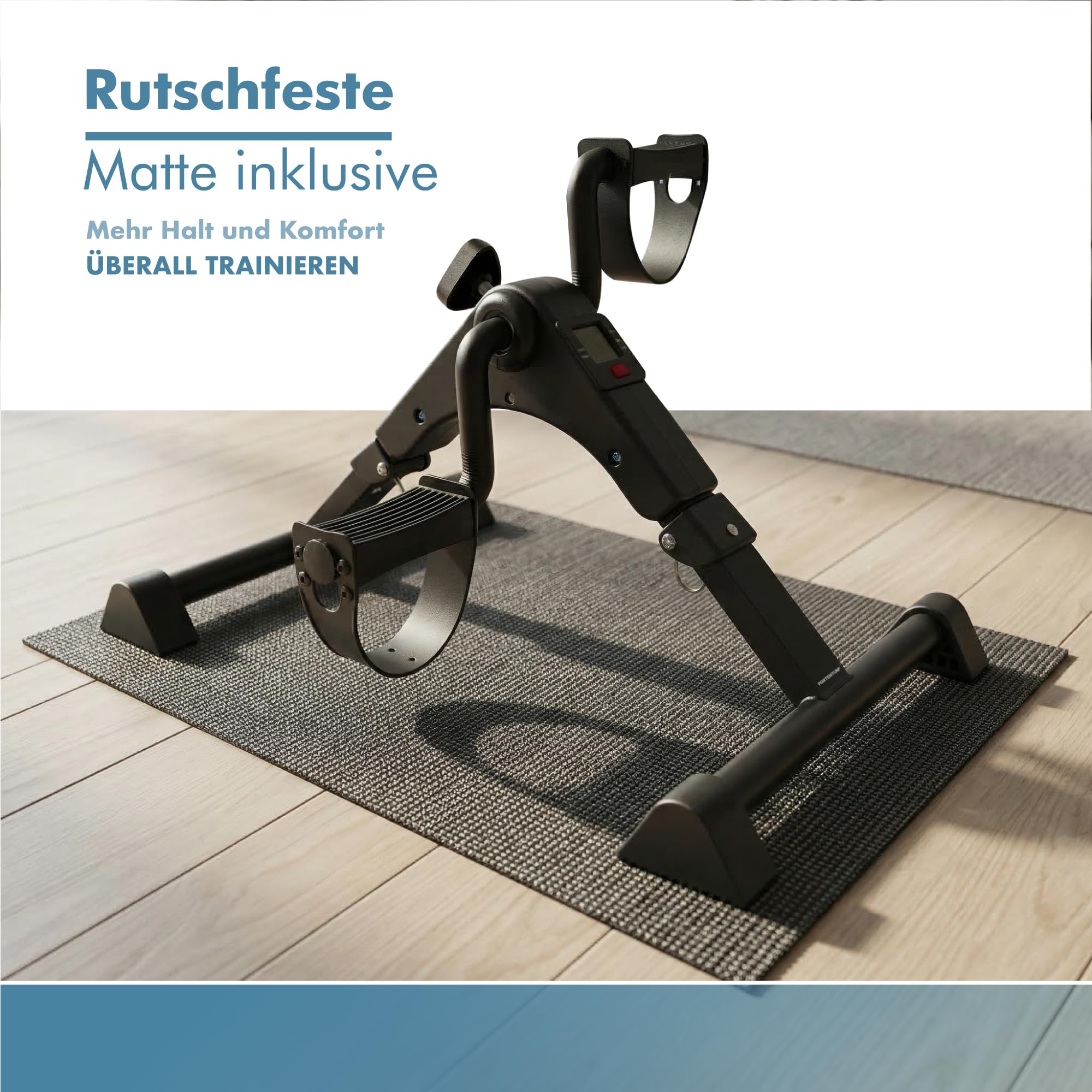 PORTENTUM Pedaltrainer für Senioren elektrisch motorisiert – 12 Geschwindigkeiten und Fernbedienung – Beintrainer im Sitzen mit Matte und LCD-Display – Kompakter Mini Heimtrainer
