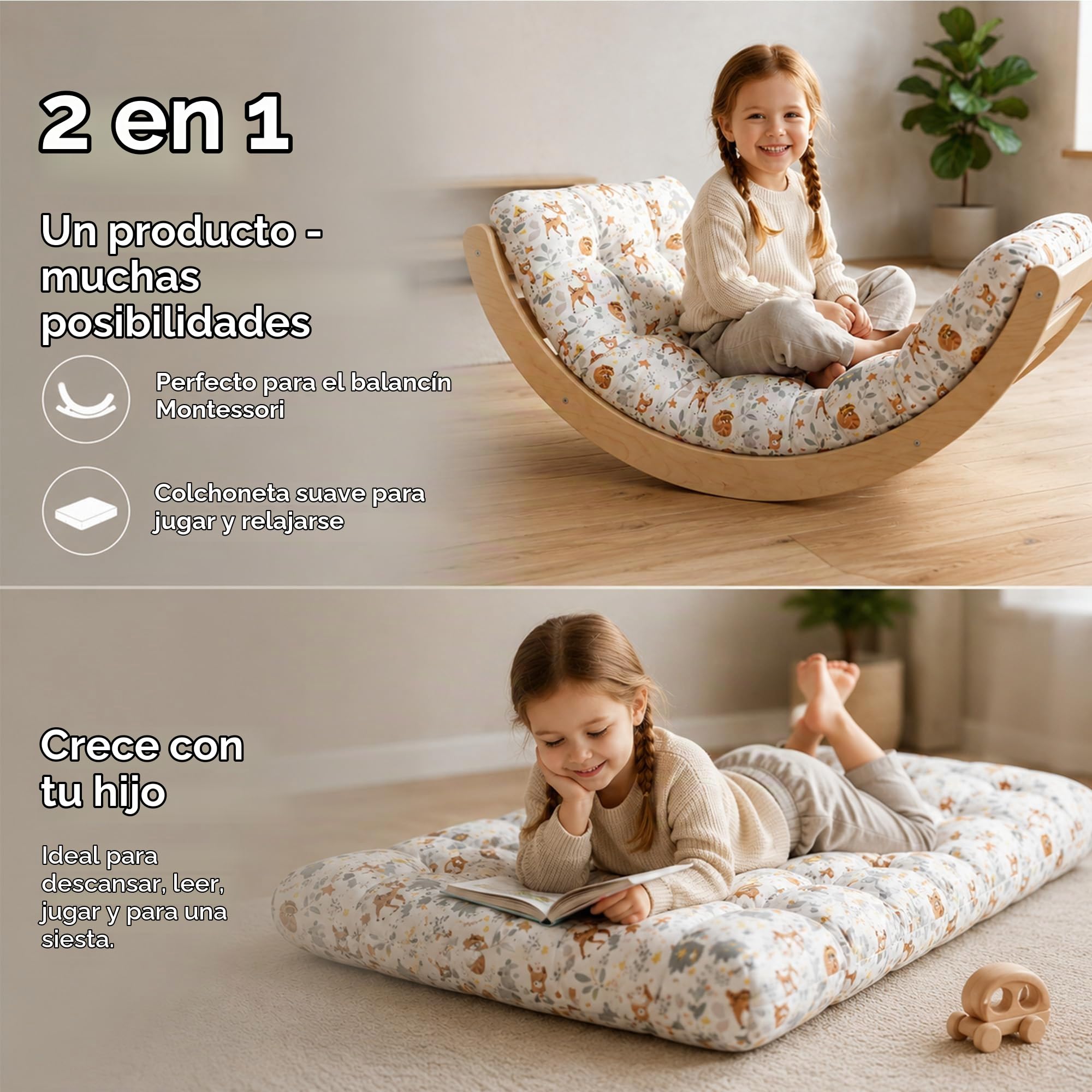 Cojín para arco Montessori y balancín 60x120 cm - colchoneta de suelo niños reversible – asiento relax lectura juego para la habitación infantil funda algodón Oeko-Tex Africa