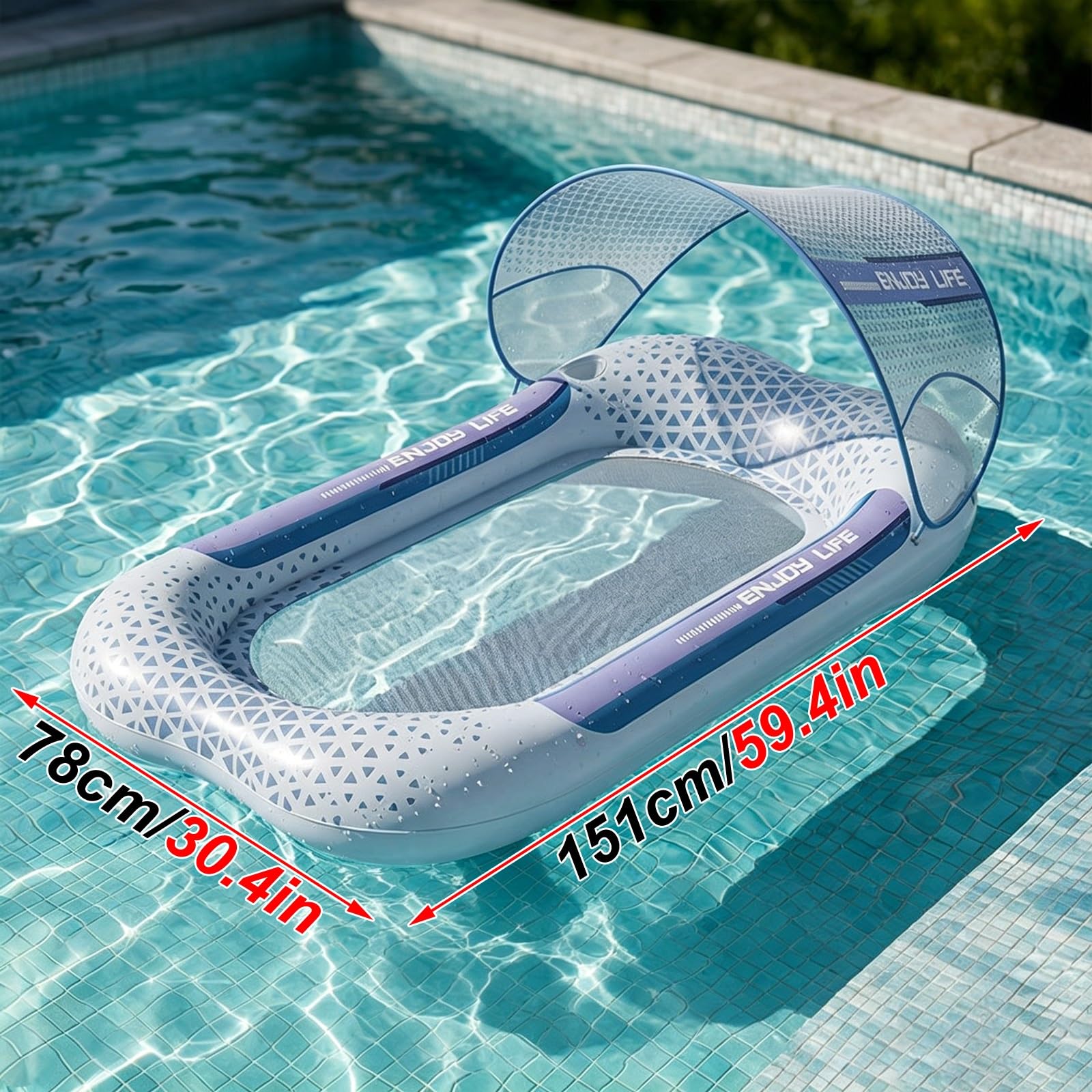 Matelas Piscine, Transat Piscine Gonflable avec Porte-gobelet et Pare-Soleil Amovible, Fond en Filet, Idéal pour la Plage et Les Lacs