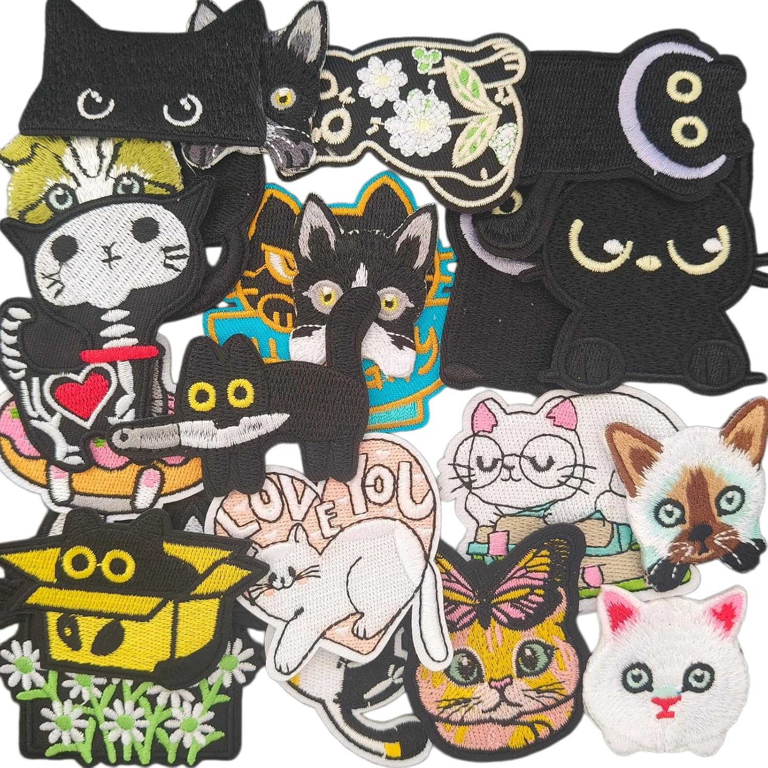 21 Pcs Cute Cat Iron On Patches, Black Kitten Embroidered Appliques for Cat Lovers Jackets Backpacks Jeans