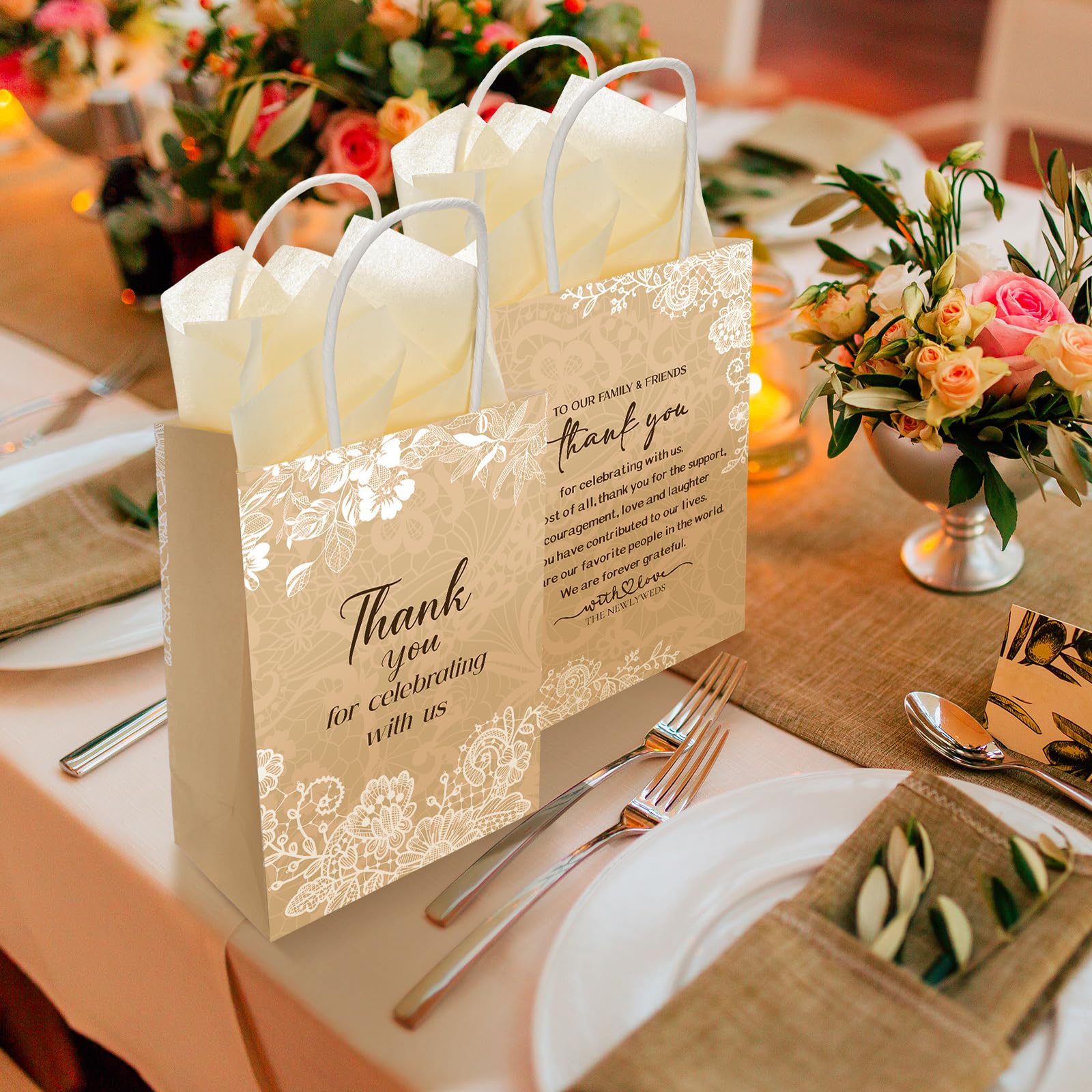 Fuutreo 100 Set Wedding Gift Bags with Tissue Paper Wedding Welcome Favor Paper Bags for Guests with Handles Thank You Bridal Shower Hotel 21 * 8 * 15cm(Vintage Lace)