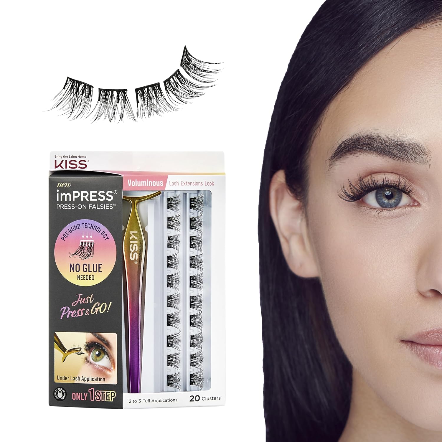 KISS imPRESS Falsies False Eyelashes, Lash Clusters, ‘Voluminous’, 14 mm, Includes 20 Clusters, 1 applicator, Contact Lens Friendly, Easy to Apply, Reusable Strip Lashes