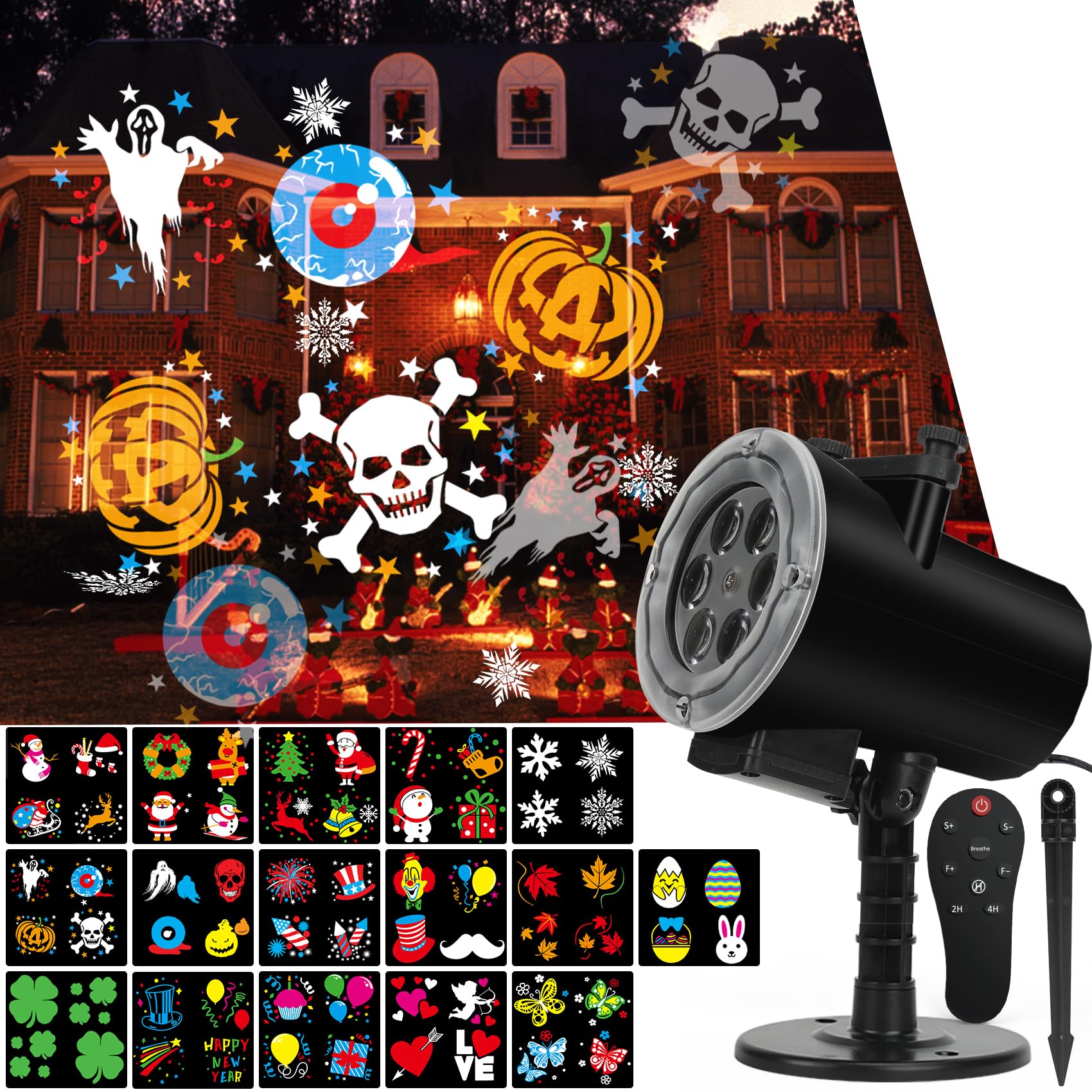 Proyector de luces de Navidad de Halloween para exteriores, proyector de luz con control remoto, temporizador, 16 diapositivas HD, luz LED impermeable para paisaje, fiesta, boda, Navidad, patio y