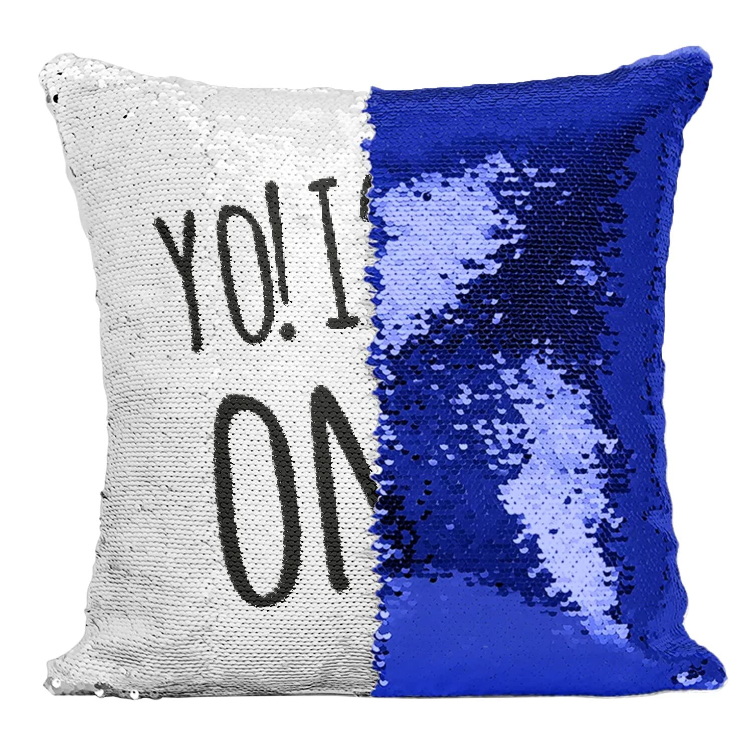 Coussin anniversaire Yo I'm One cadeau paillettes bleu avec message