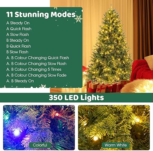Miniatura 3 de GOFLAME Árbol de Navidad artificial preiluminado de 6 pies, árbol de Navidad con bisagras con 350 luces LED, 11 modos de iluminación, 1168 puntas de