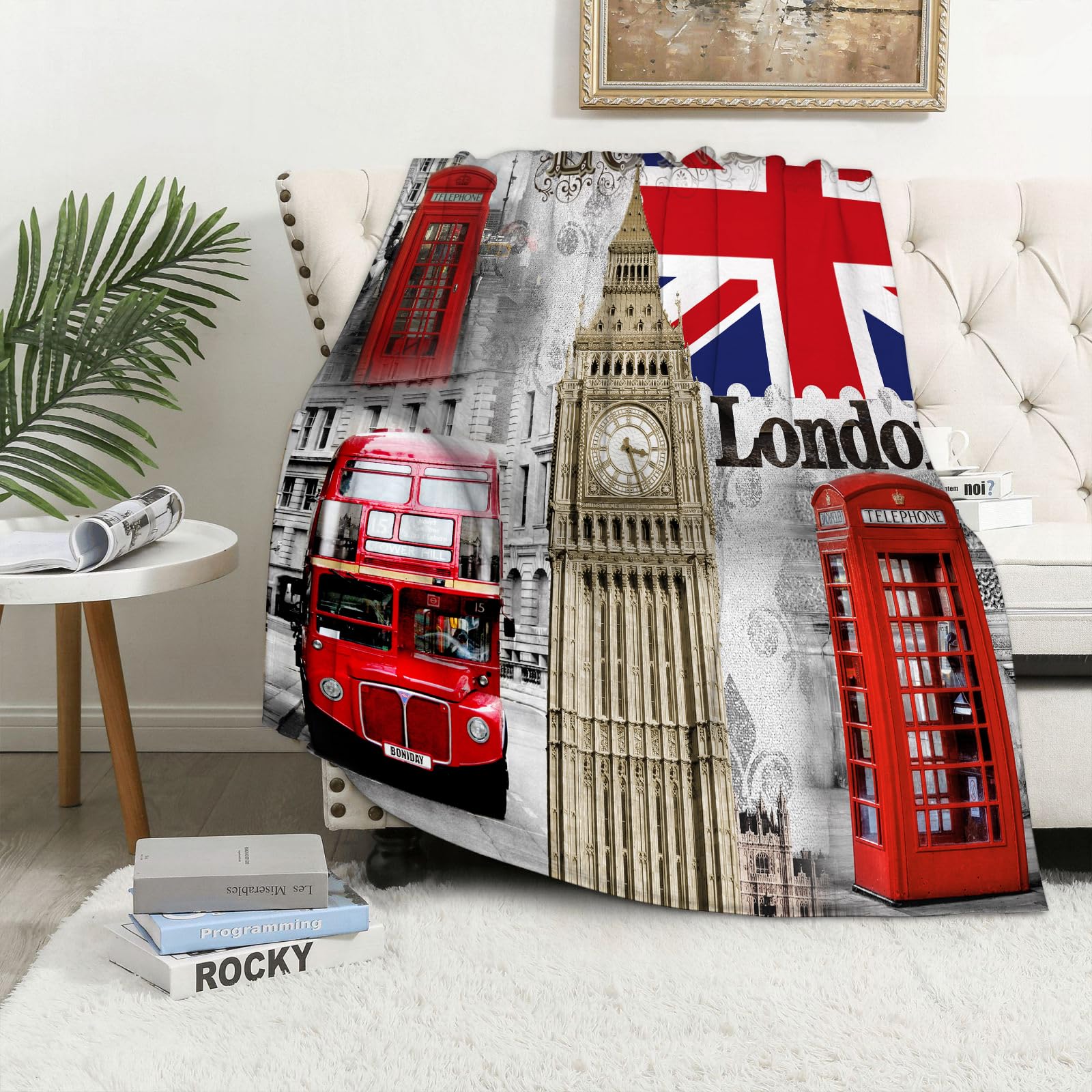 MAAPCHP Flannel Fleece Blanket Throws for Sofa Fluffy Blanket Bed Throw for Bedroom London England City Landmark Retro Union Telephone Bus Big Ben Flag, Fast Mouse Blanket for Bed, Couch,Car 40x50in