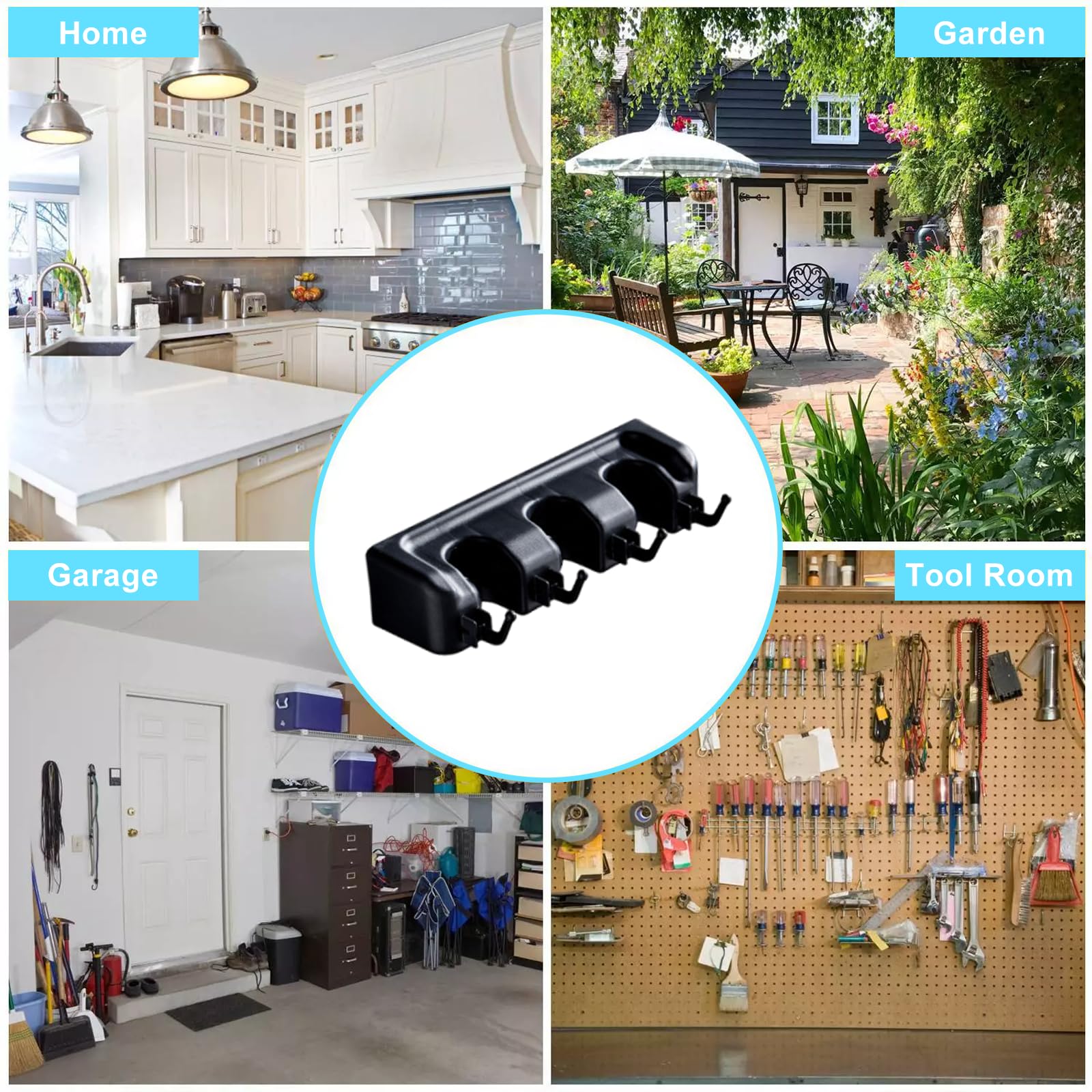 Soporte de pared para escoba y trapeador, colgador de ganchos para trapeadores y escobas, kit organizador con 3 ranuras y 4 ganchos, perfecto para casa, baño, lavandería, jardín, sala de 6