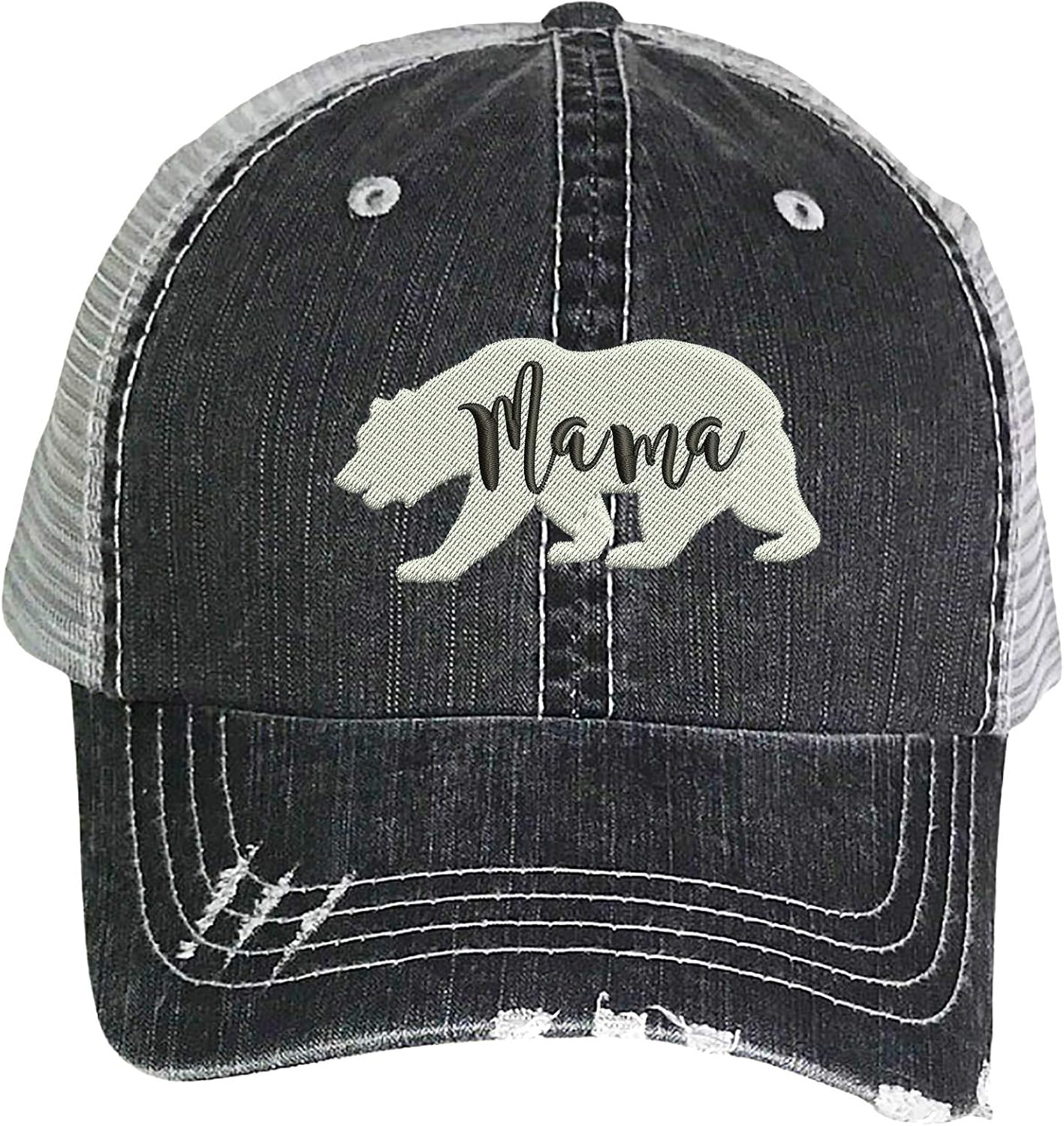 Mama Bear Distressed Trucker Hat - Embroidered Baseball Hat (Black/Gray)