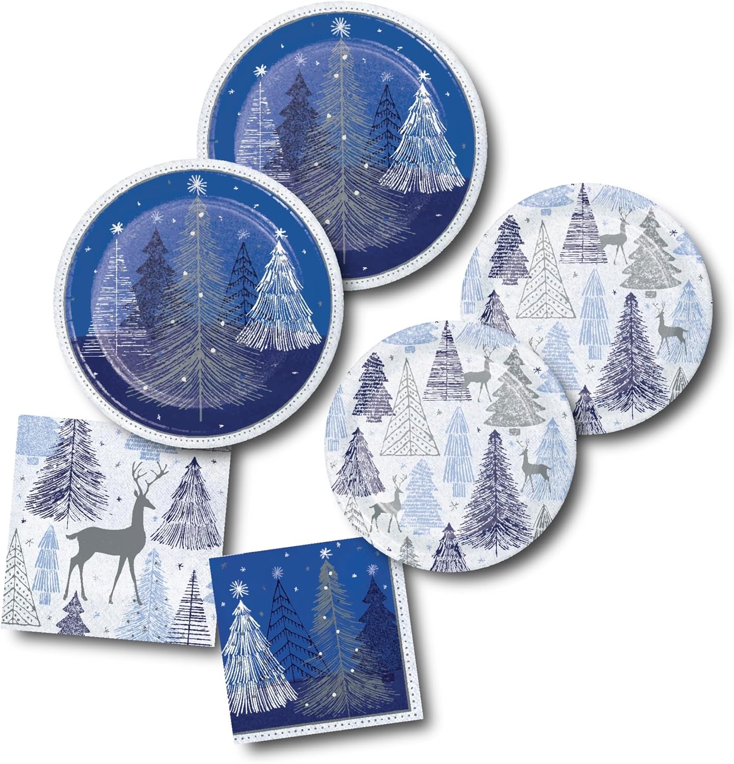 Blue & Silver Holiday Trees Christmas Party Paper Plates