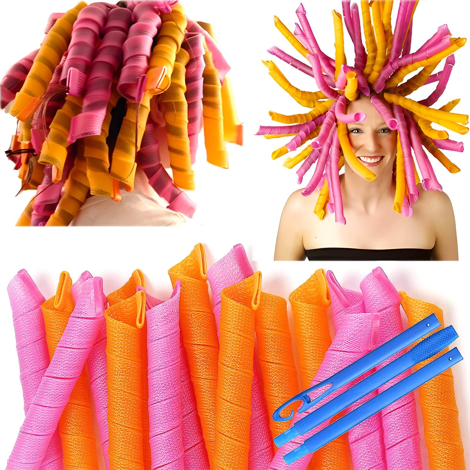40 Pcs Heatless Spiral Hair Curlers 22inch Magic No Heat Hair Curls For Long Hair 4Pcs Styling Hooks DIY Hair Rollers Set(pink-orange)