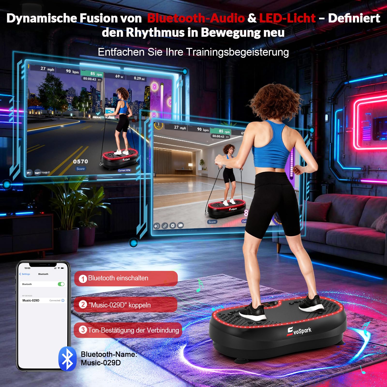 Vibrationsplatte, Vibrationsplatte Testsieger 2026 mit 6+1 Trainingsmodi, 9 coolen LED-Lichtern Vibration Plate für Zuhause, Power Llate mit 200W Bürstenlose Motoren,199 Geschwindigkeiten