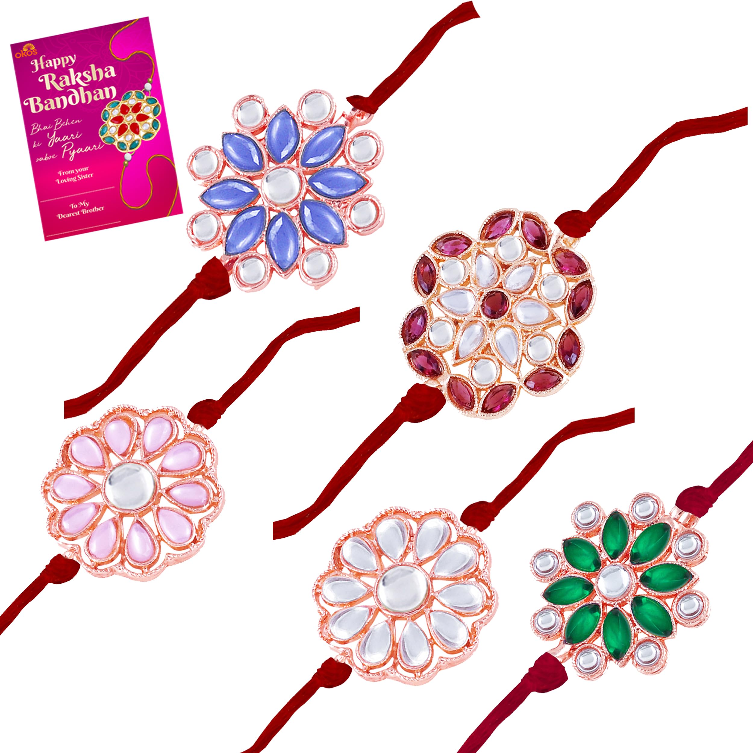 Okos Rose Gold Plated Rakshanbandhan Special Pack 5 Multicolor Kundan Stones Alloy Rakhi Bracelet With Greeting Card For- Rakhi For Brother, Bhaiya, Bhai CO1000449STYL5 (B0C85H6LM7) Amazon Price History, Amazon Price Tracker