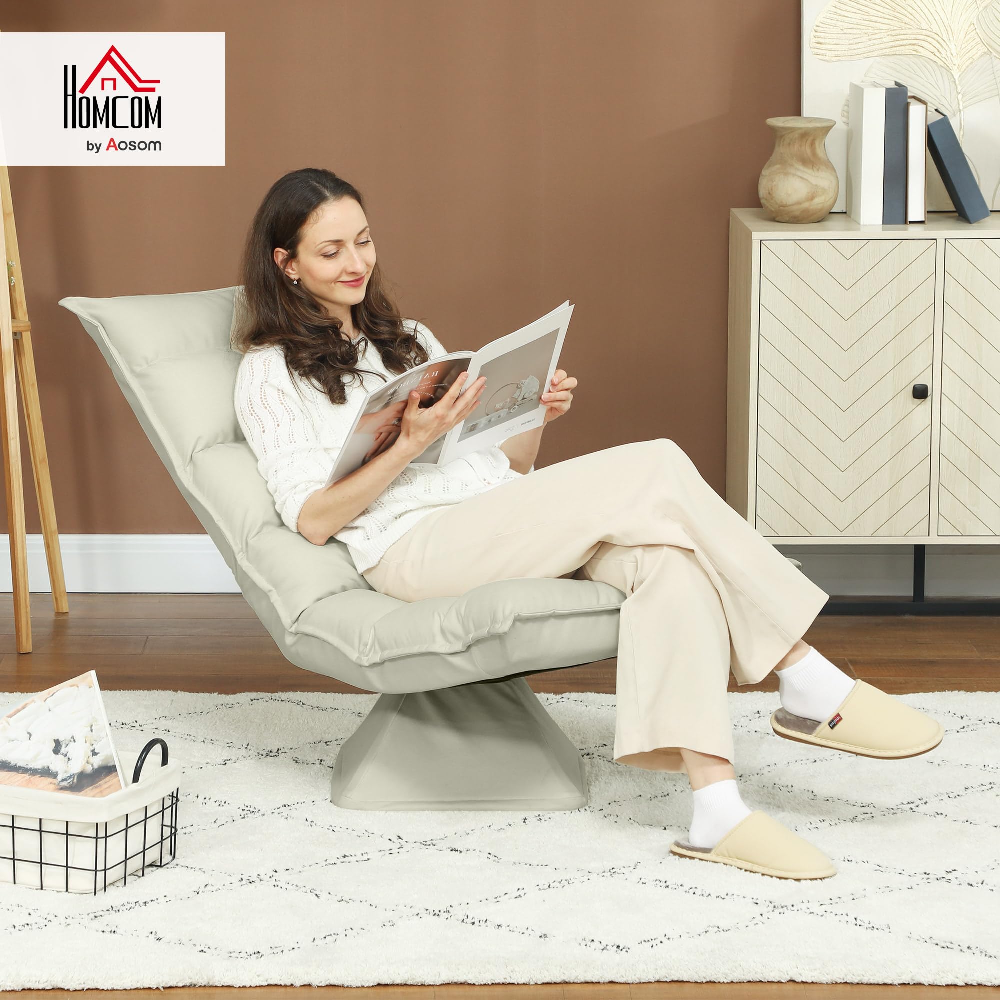 HOMCOM Poltrona Relax Tessuto Imbottita Girevole a 360° 62x70x95cm Beige | Poltrona Reclinabile a 3 Livelli, per TV, Giochi, Lettura, Yoga e Ufficio
