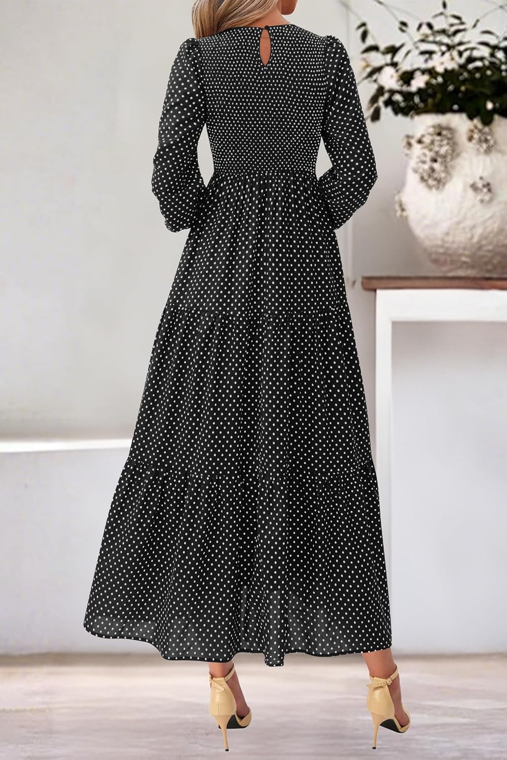 dowerme Maxi Dresses for Women 2026 Long Sleeve Floral Smocked A Line Polka Dot Flowy Boho Vacation Dress Spring Clothes - Image 5