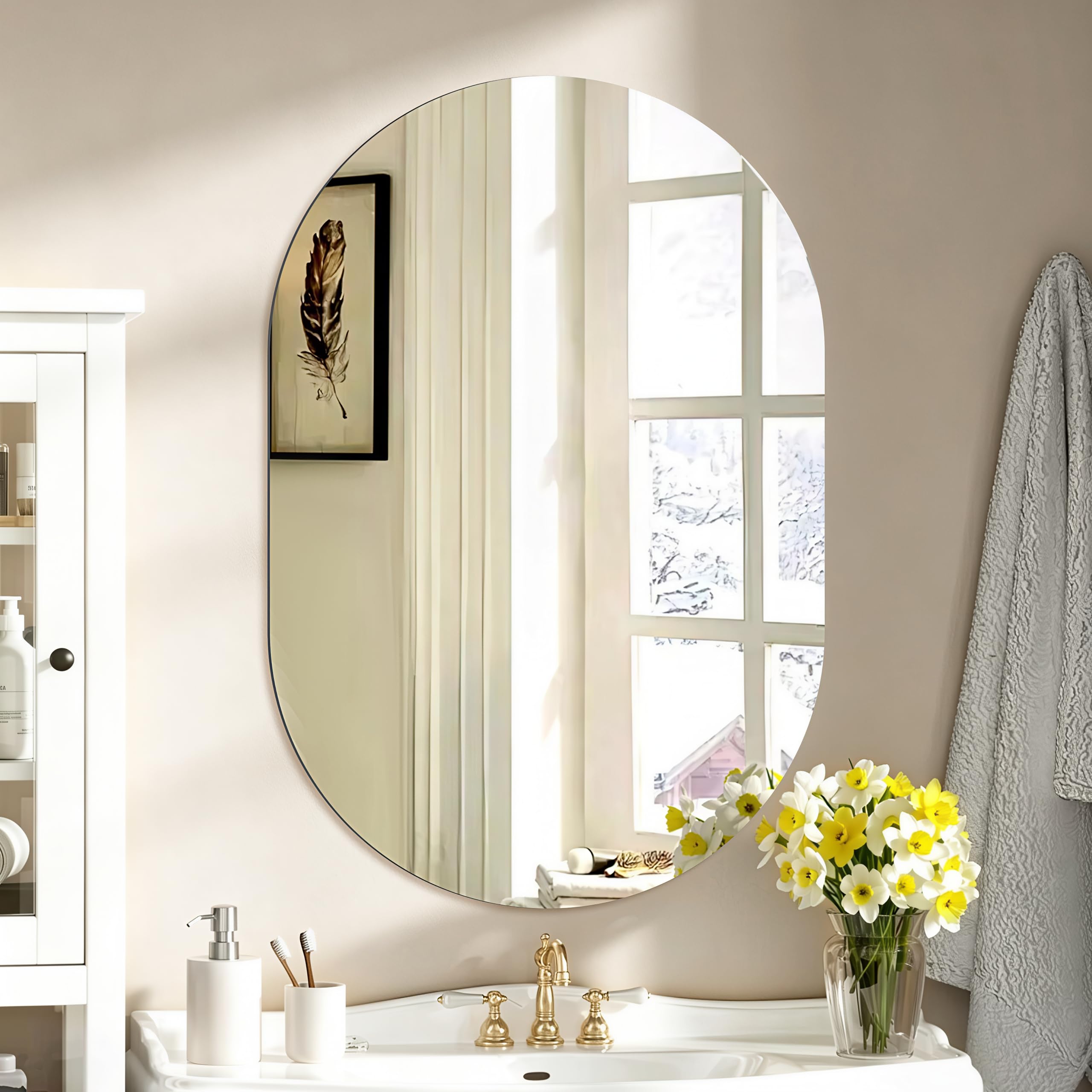 Photo 1 of TheiaMo Oval Wall Mirror, 36"x24" Frameless Bathroom Mirror for Over Sink