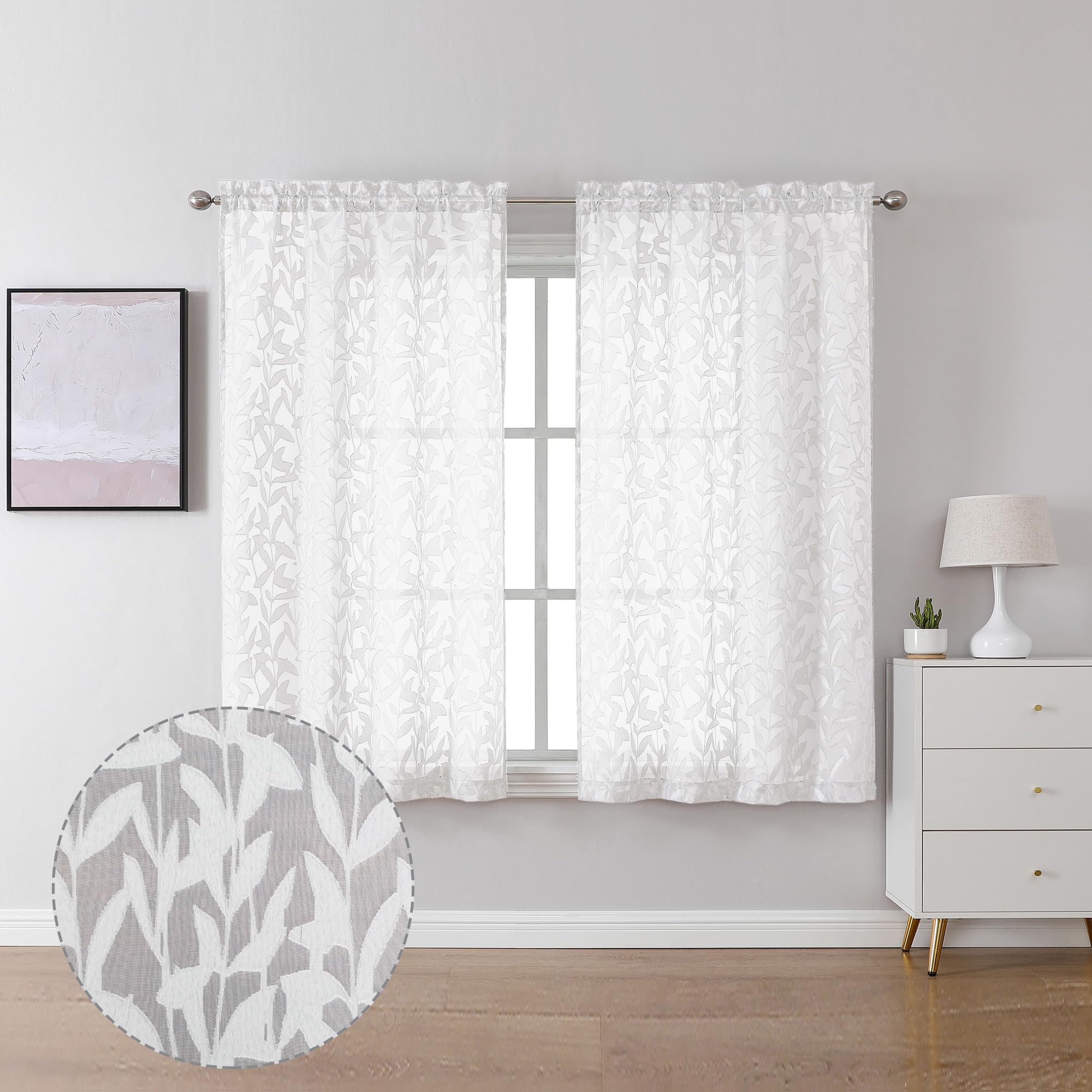 Leia Short White Sheer Curtains 45 Inch Length 2 Panels, Balance Light & Privacy Clip Texture Small Window Curtain for Bedroom, Dual Rod Pockets Basement/Living Room/Kitchen Drapes, 38W x 45L