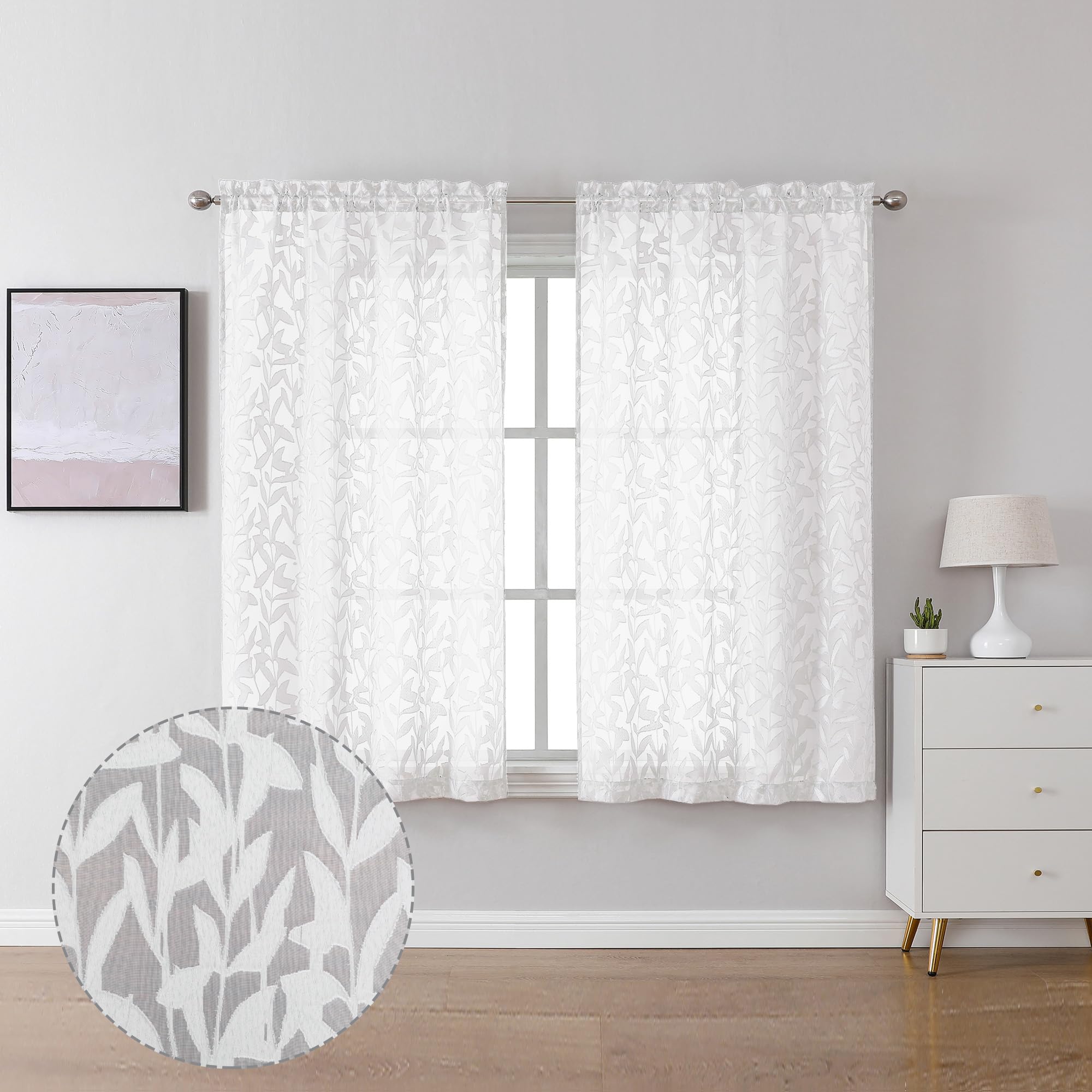 Lecloud Leia Short White Sheer Curtains 45 Inch Length 2 Panels, Balance Light & Privacy Clip Texture Small Window Curtain for Bedroom, Dual Rod Pockets Basement/Living Room/Kitchen Drapes, 38W x 45L