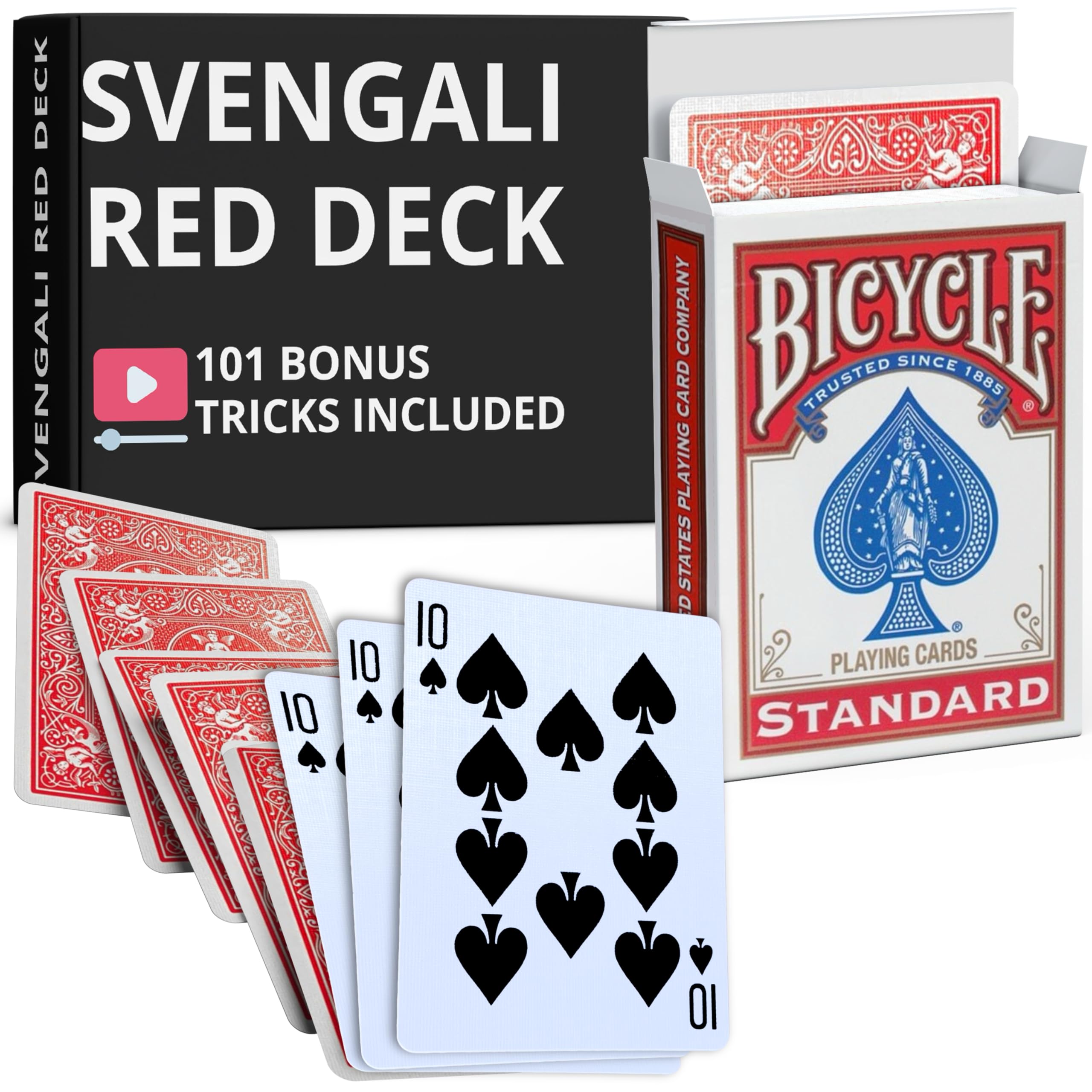 Ted's Sterling Magic Precision Red Rider Back Bicycle Svengali Deck with Instructions for 100+ Tricks (Ten of Spades)