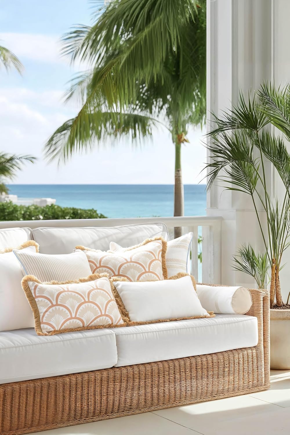 Hofdeco Premium Coastal Hampton Patio Indoor Outdoor Bolster Pillow Cover Only, 6"x20" Water Repellent for Backyard, Couch, Poolside, Neutral Tan Embroidered Stripes