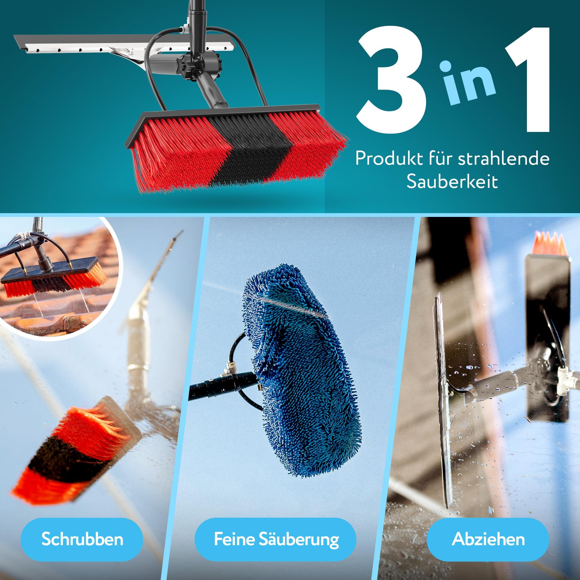 Teleskop Waschbürste 4,6 m Set mit Wasseranschluss & Abzieher | Verstärkter Aluminium-Teleskopstiel, Aufbewahrungshaken, Wasseranschluss & Seifenspender, Mikrofaserbezug & Abzieher