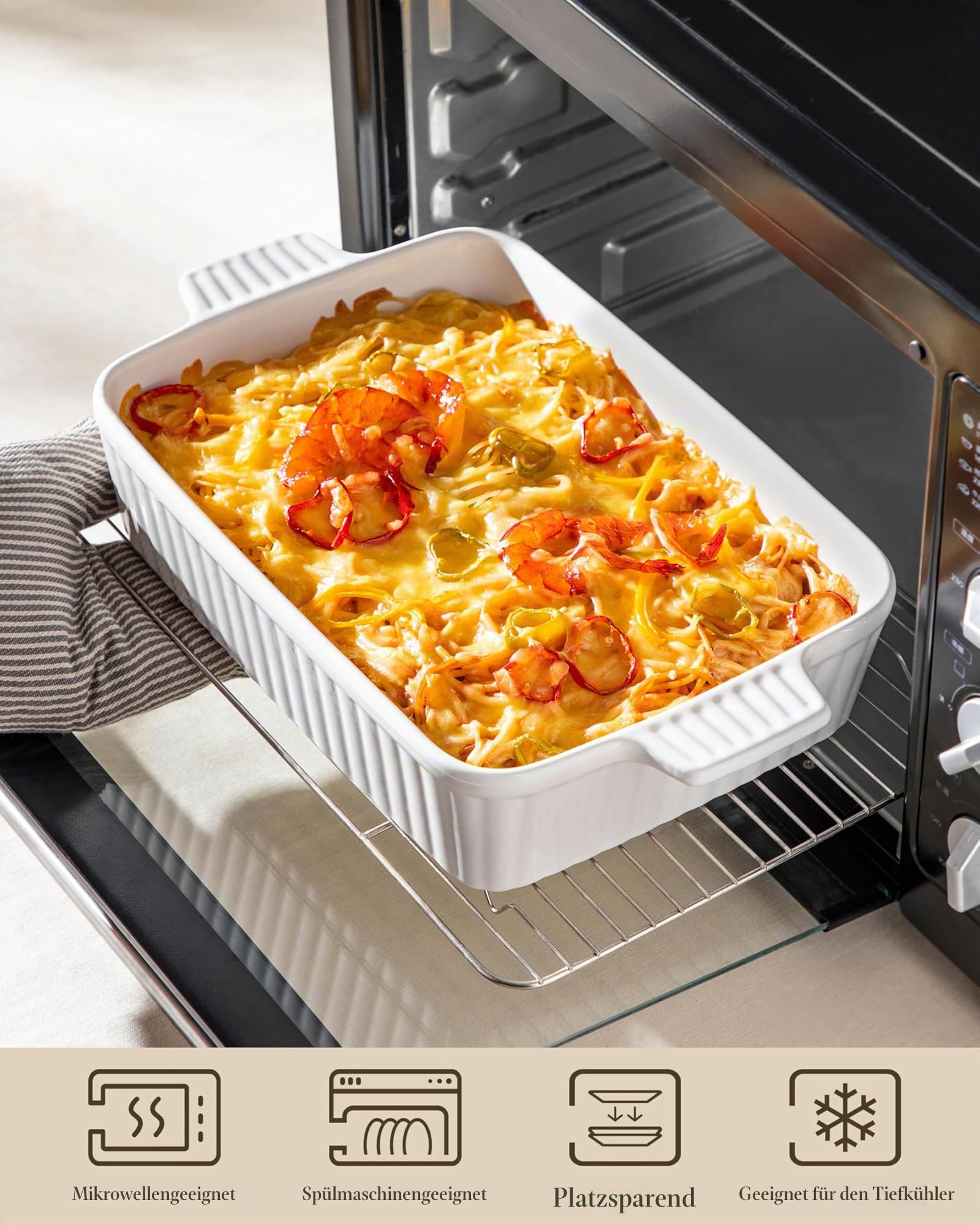 MALACASA Auflaufform Groß, 40 cm Rechteckig Ofenform mit Griffen für 4-6 Personen(4 L), Tiefe Baking Dish aus Keramik für Lasagne, Braten & Aufläufe, Ofen- & Spülmaschinenfest, Weiß, Serie Bake